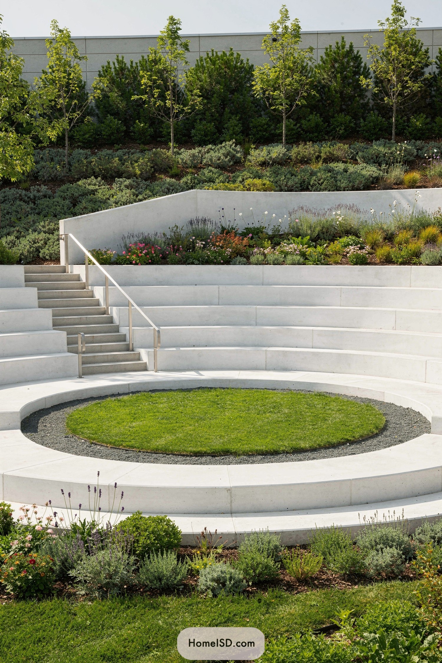 Tiered concrete garden amphitheater with central grass circle