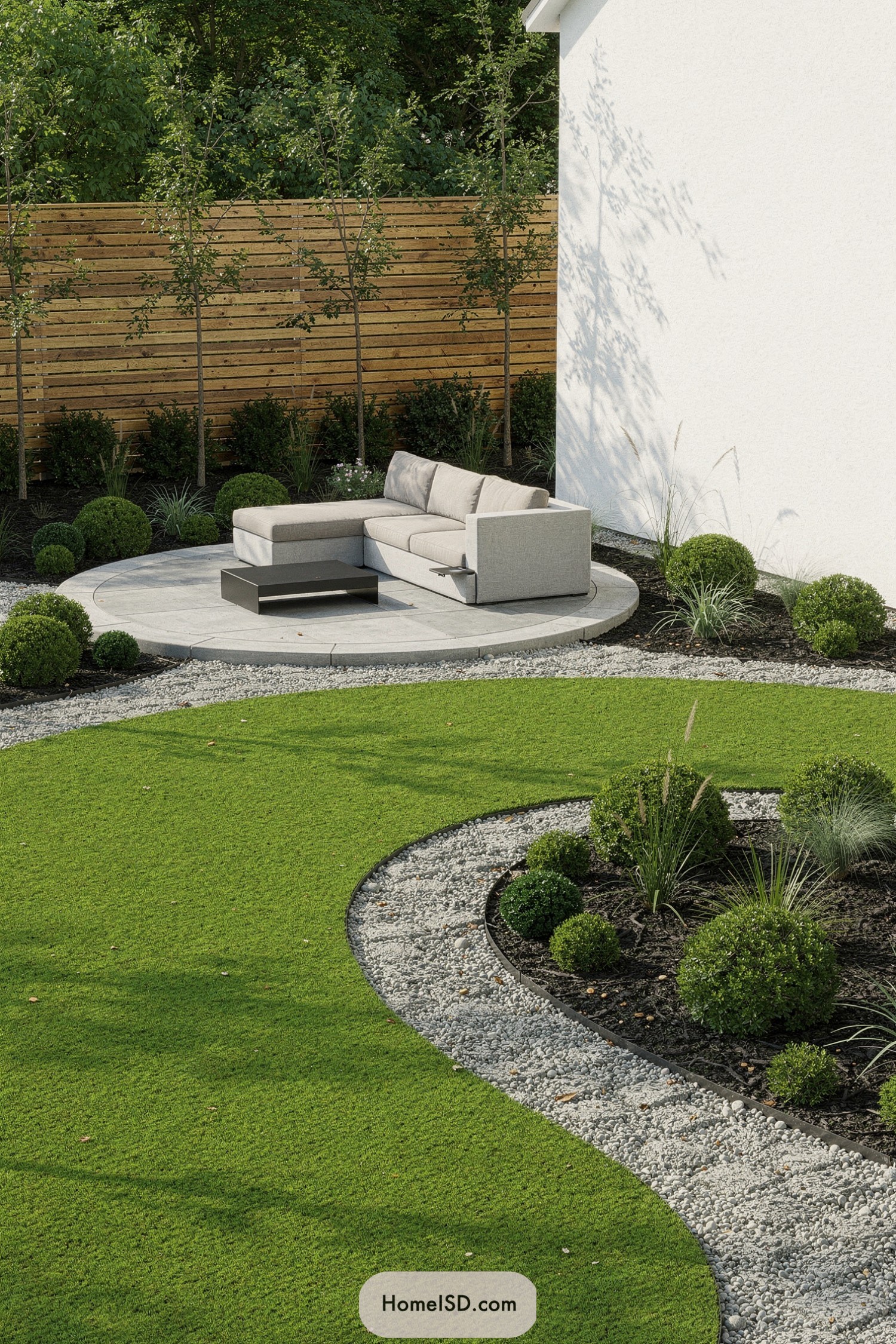 Modern circular patio with sectional sofa