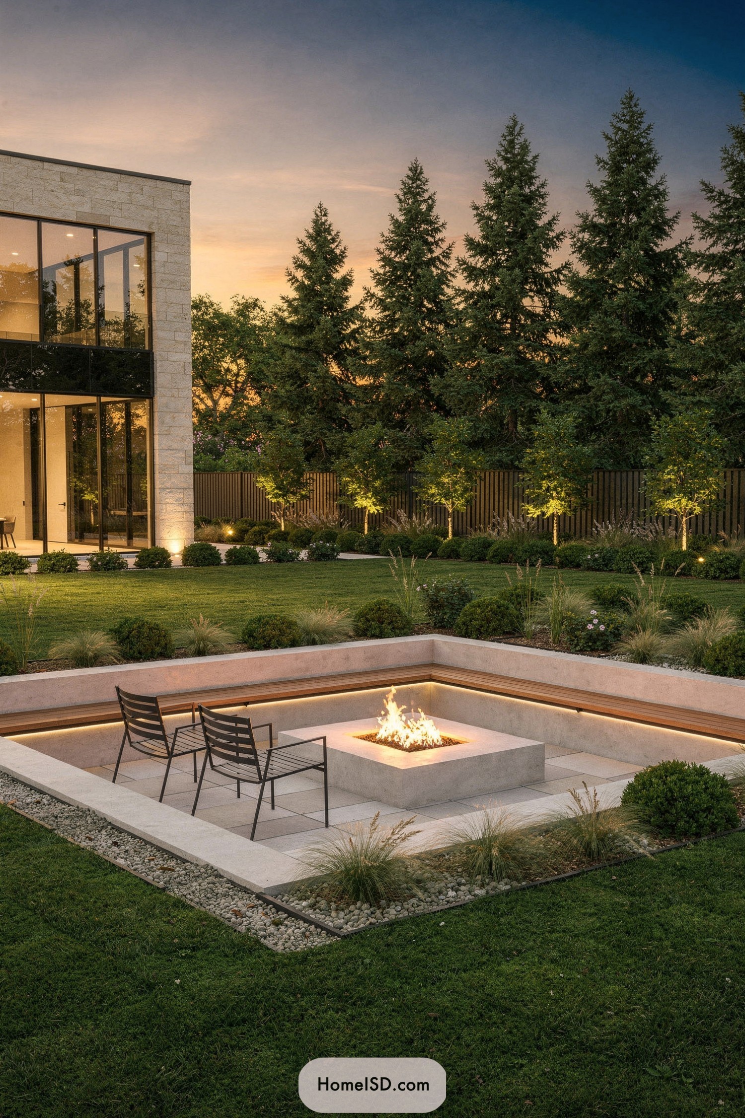 Sunken modern fire pit lounge with built-in seating and soft perimeter lighting