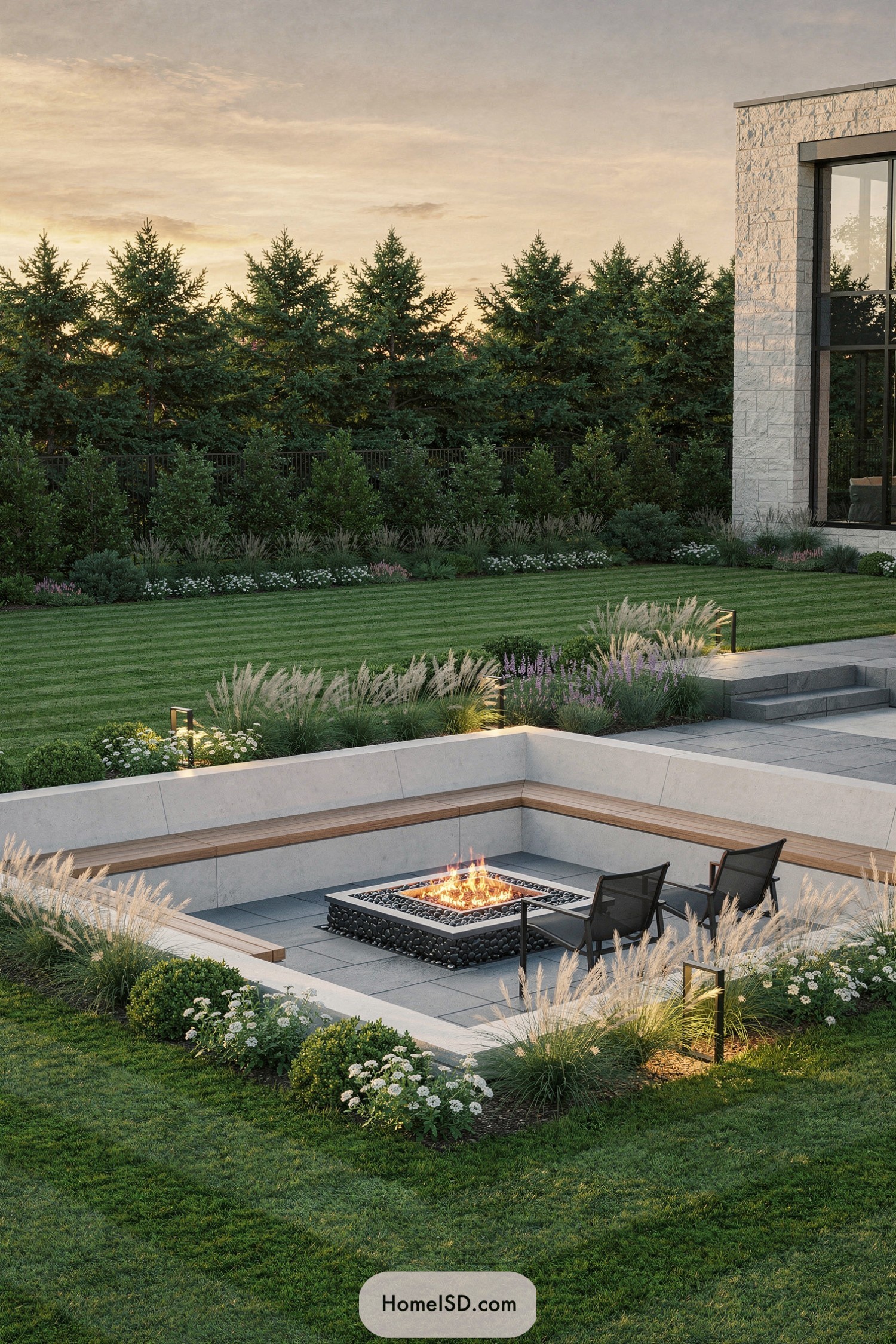 Modern sunken patio with central fire pit