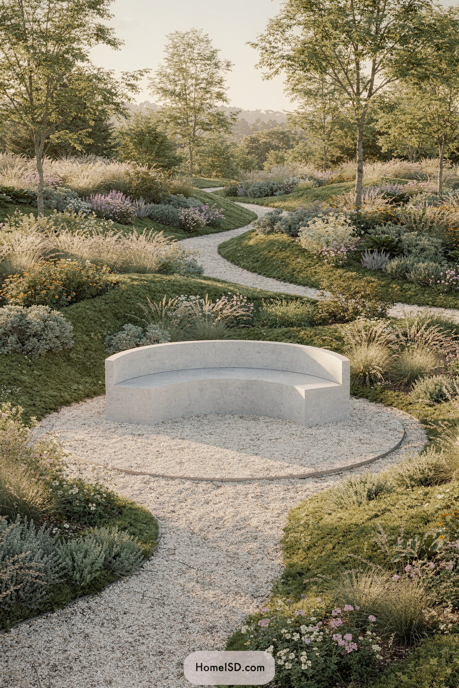 Curved concrete bench on circular gravel pad in a winding meadow garden