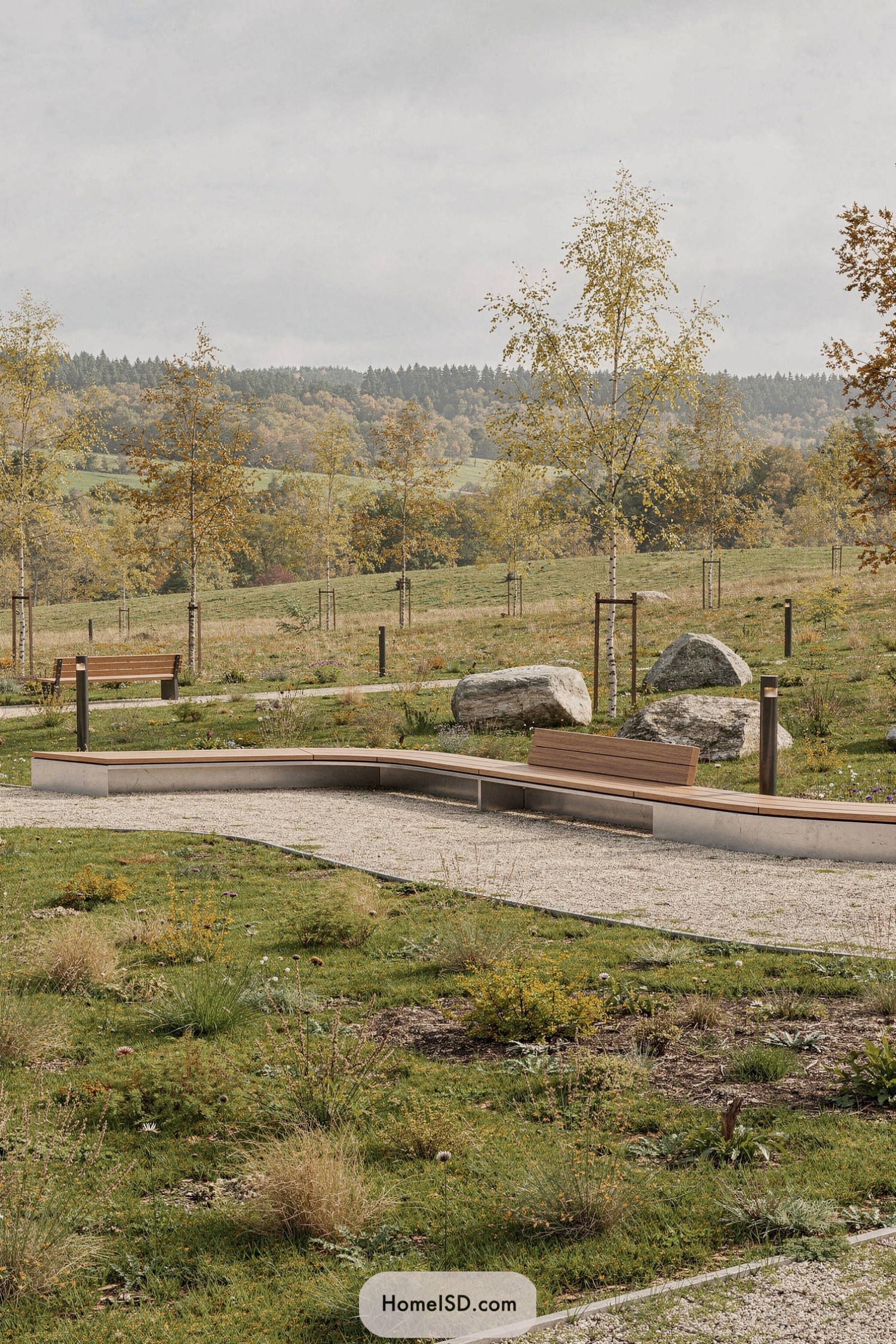 Curved modern bench set in an open meadow park