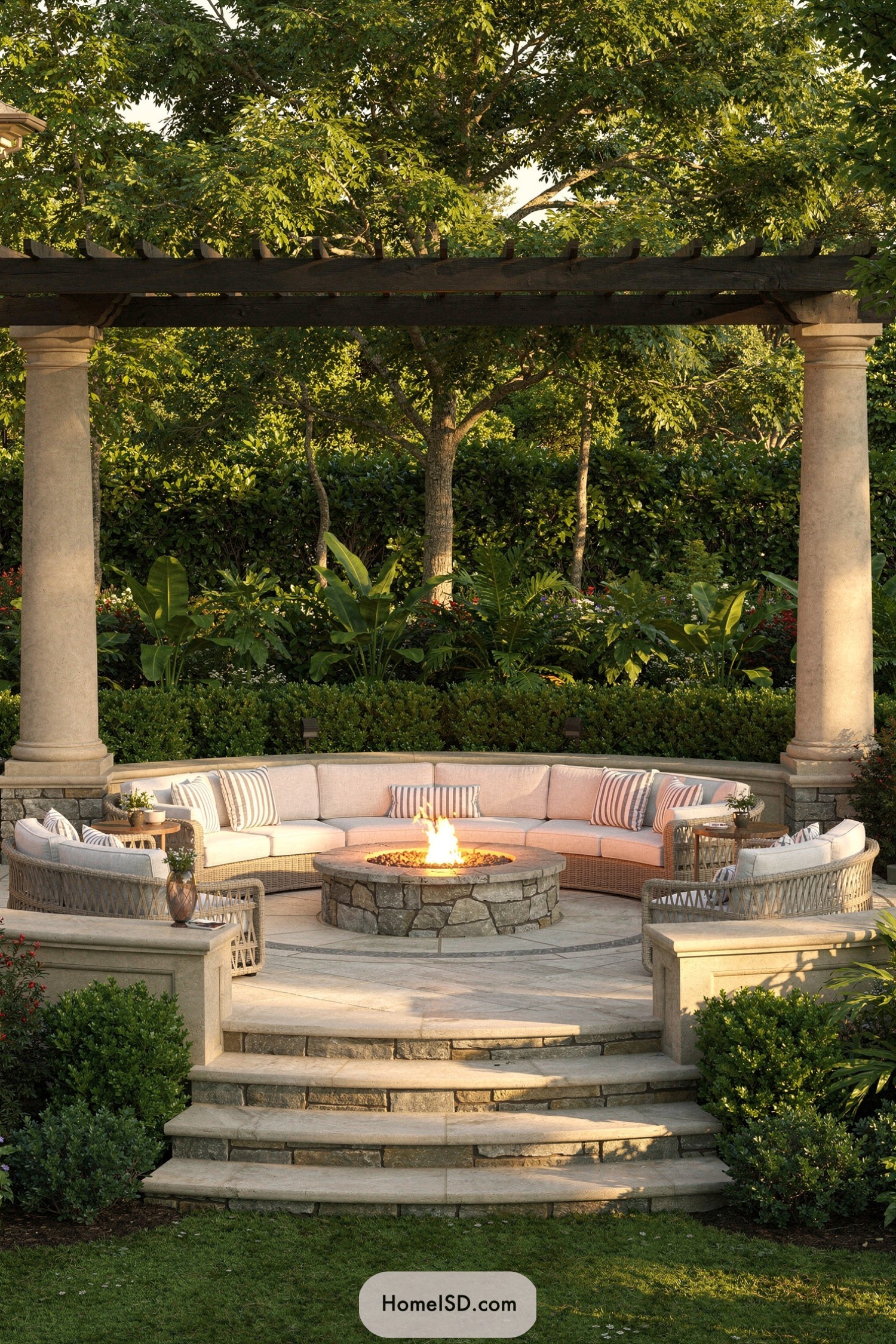 Circular stone fire pit with curved cushioned seating under a pergola in a lush garden