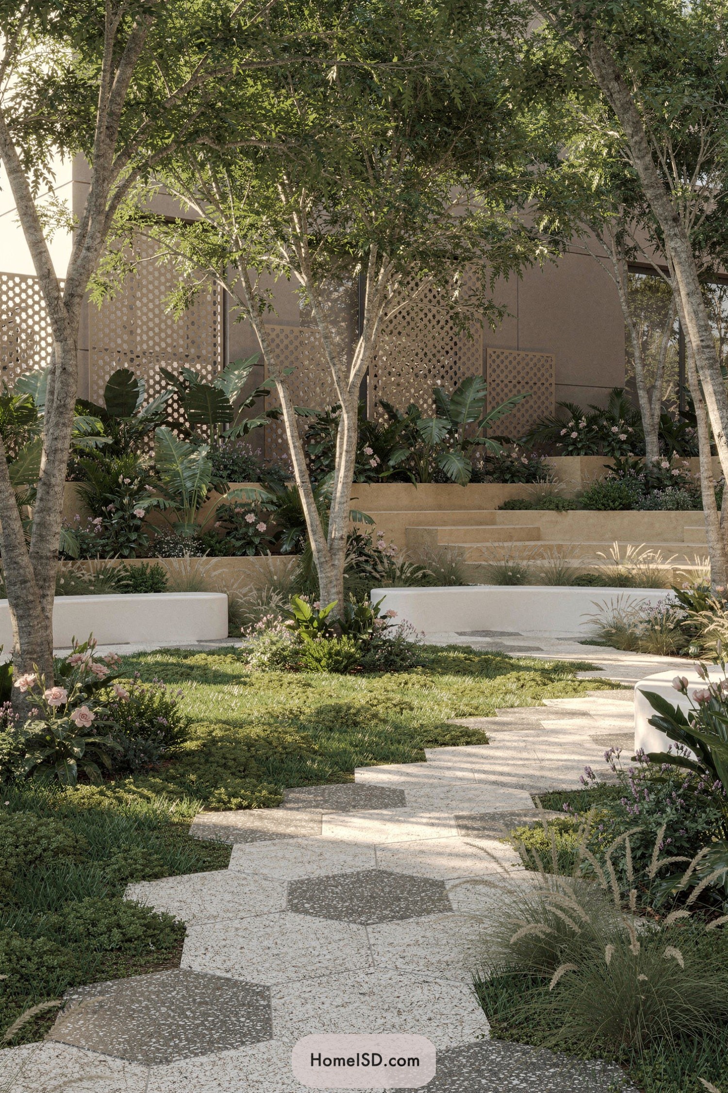 Modern garden with hexagon path and curved benches