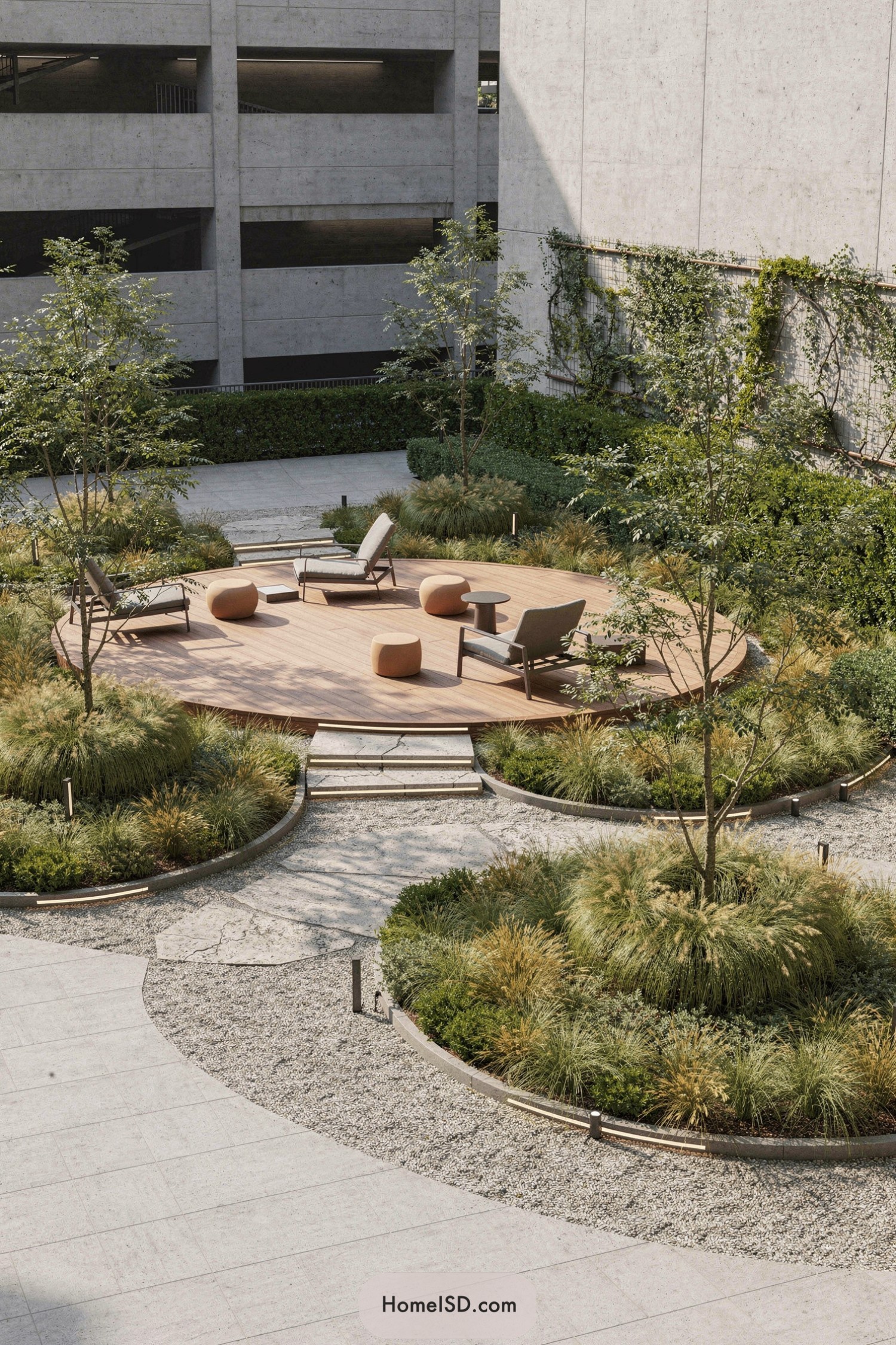 Circular wooden deck with lounge chairs in lush landscaped courtyard