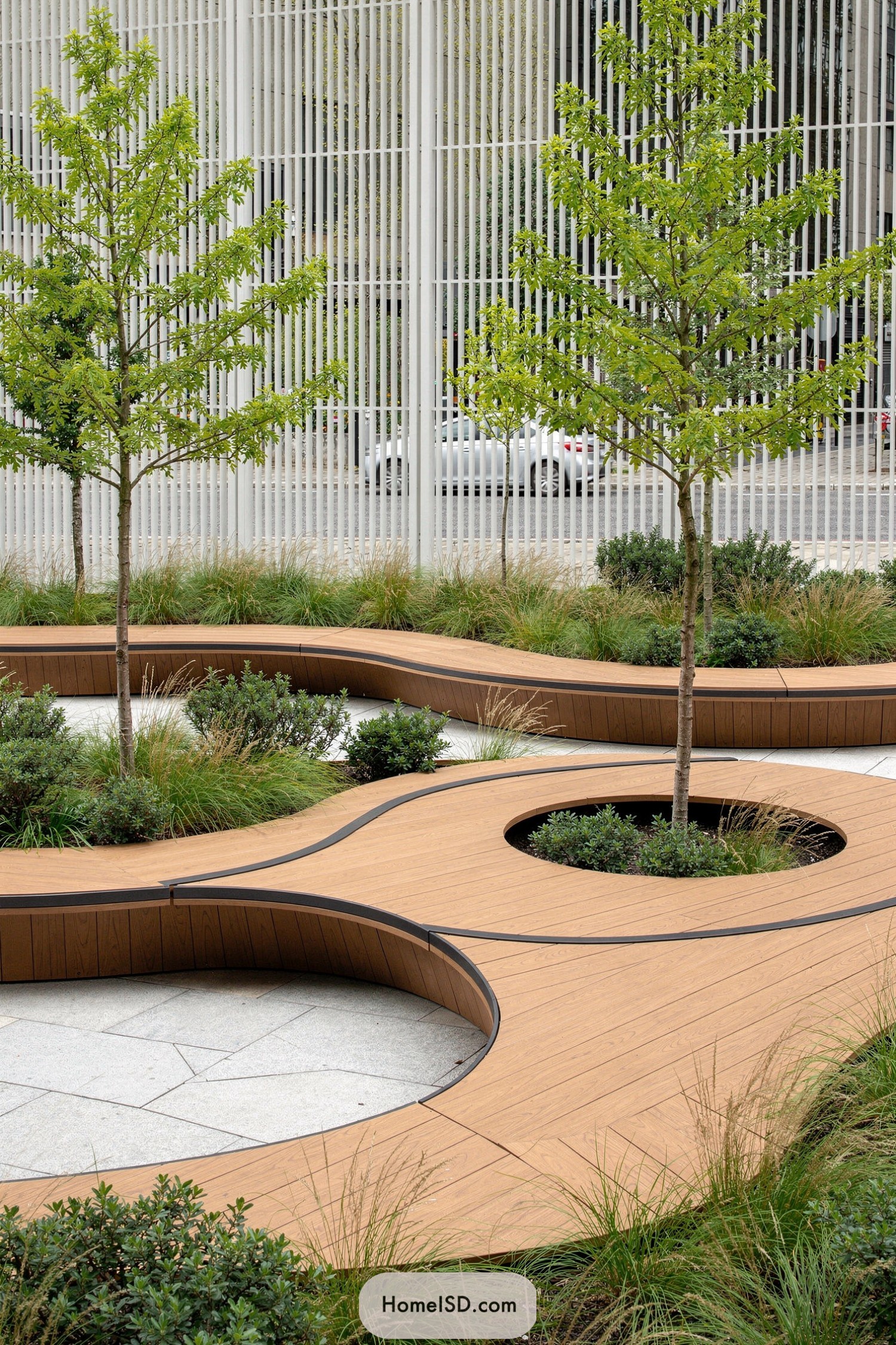 Curving wooden bench trail weaving around young trees and planted grasses