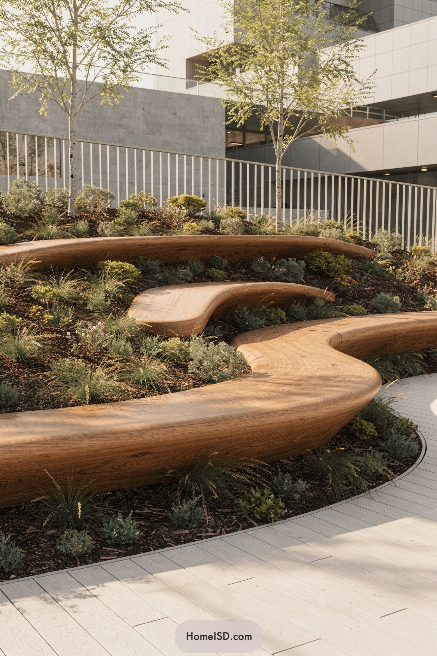 Curved wooden seating terraces winding through a planted hillside in a modern courtyard