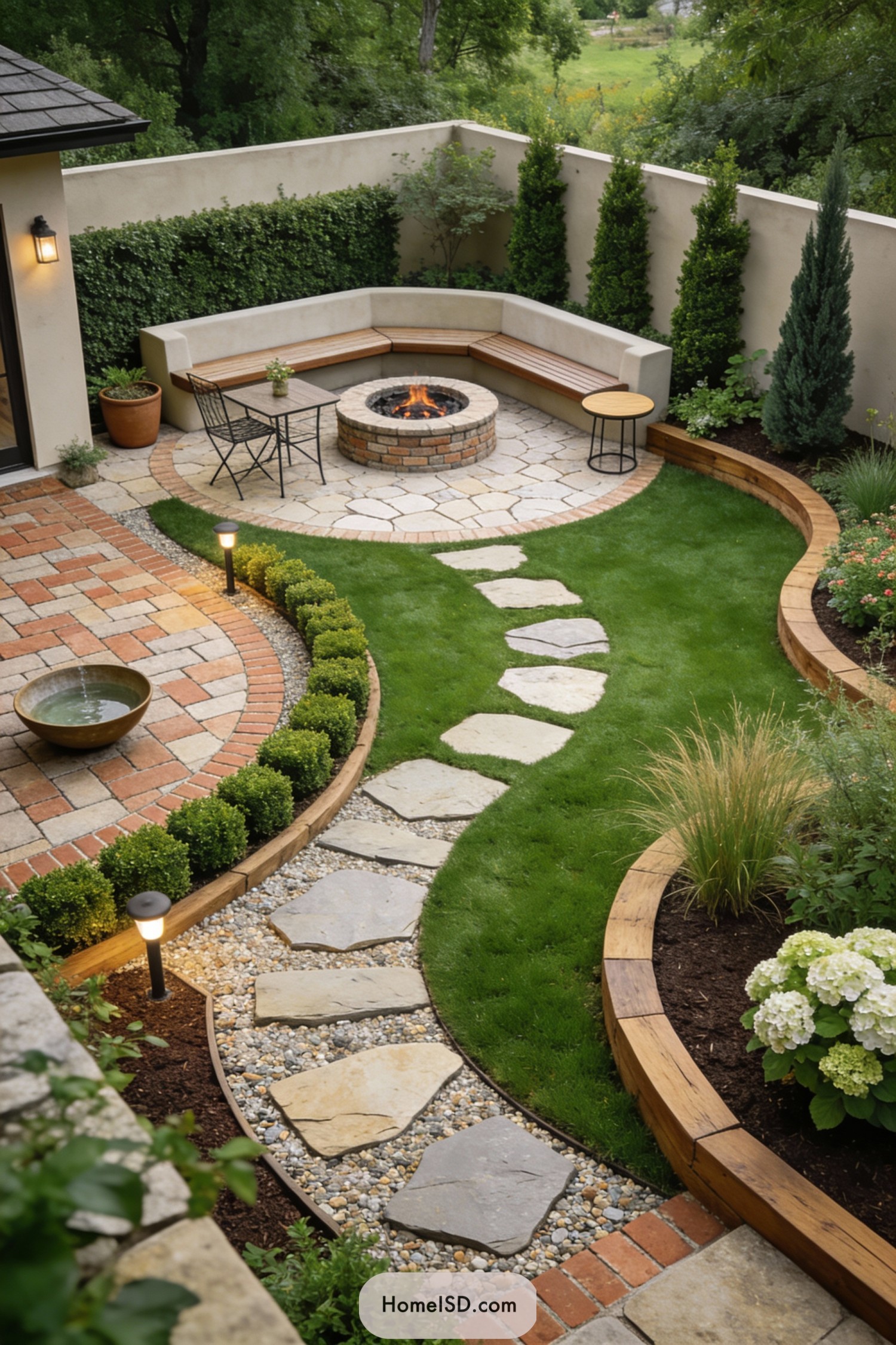 Cozy backyard lawn with curved stone path leading to a circular firepit lounge framed by raised planting beds and hedges
