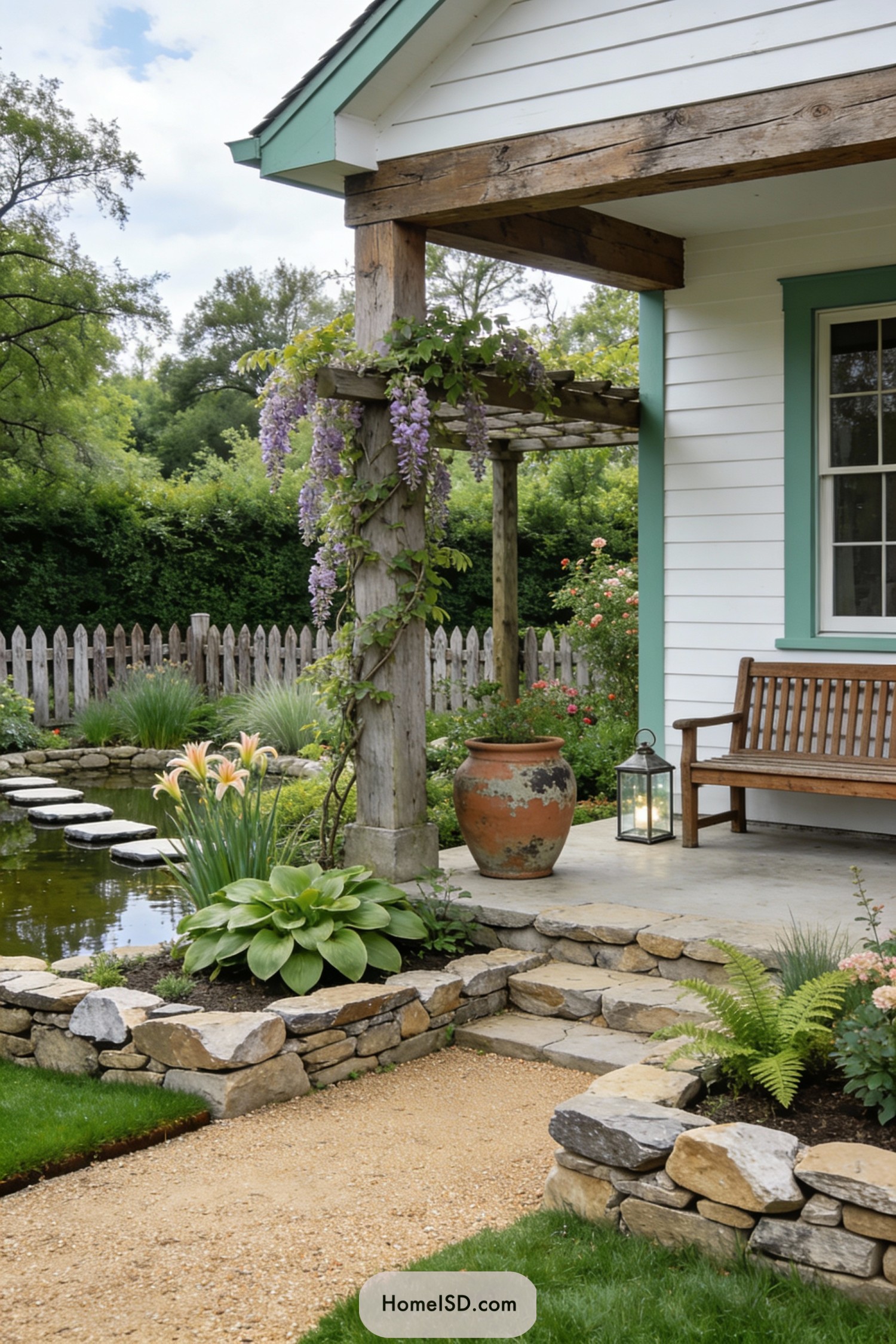 Rustic cottage porch with wisteria, stone steps, and pondside garden
