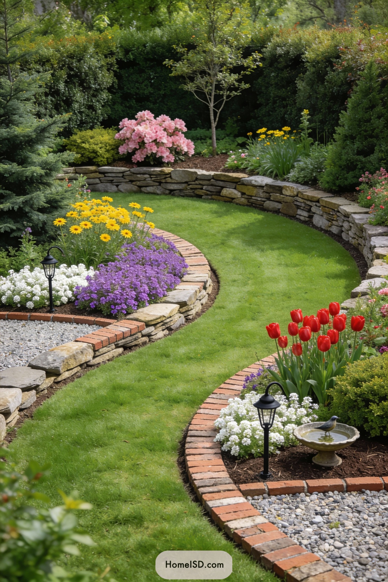 Curved brick-edged lawn bordered by colorful flower beds, gravel, and stacked stone walls