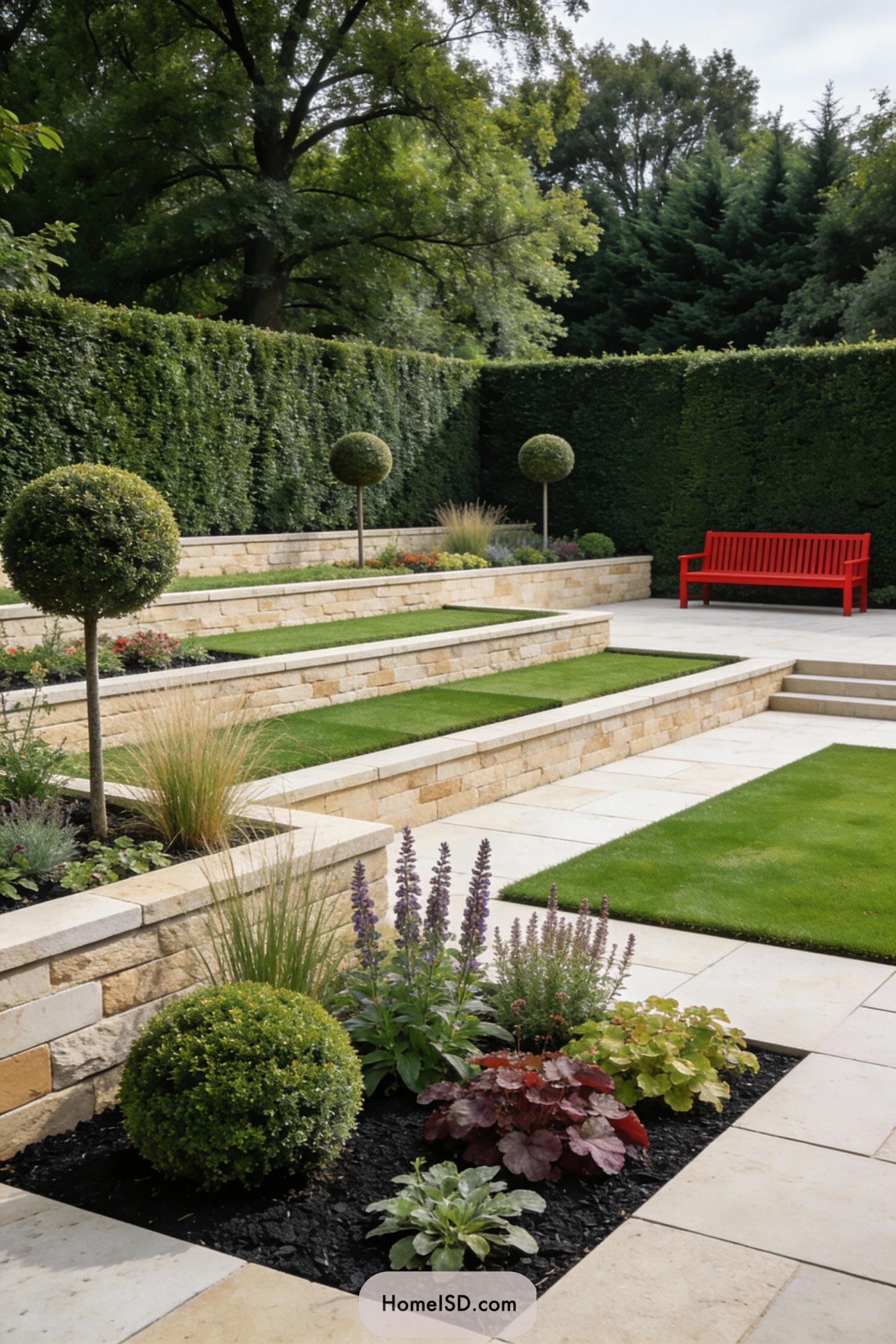 Tiered stone courtyard garden with lawn panels, clipped hedges, and a bright red bench