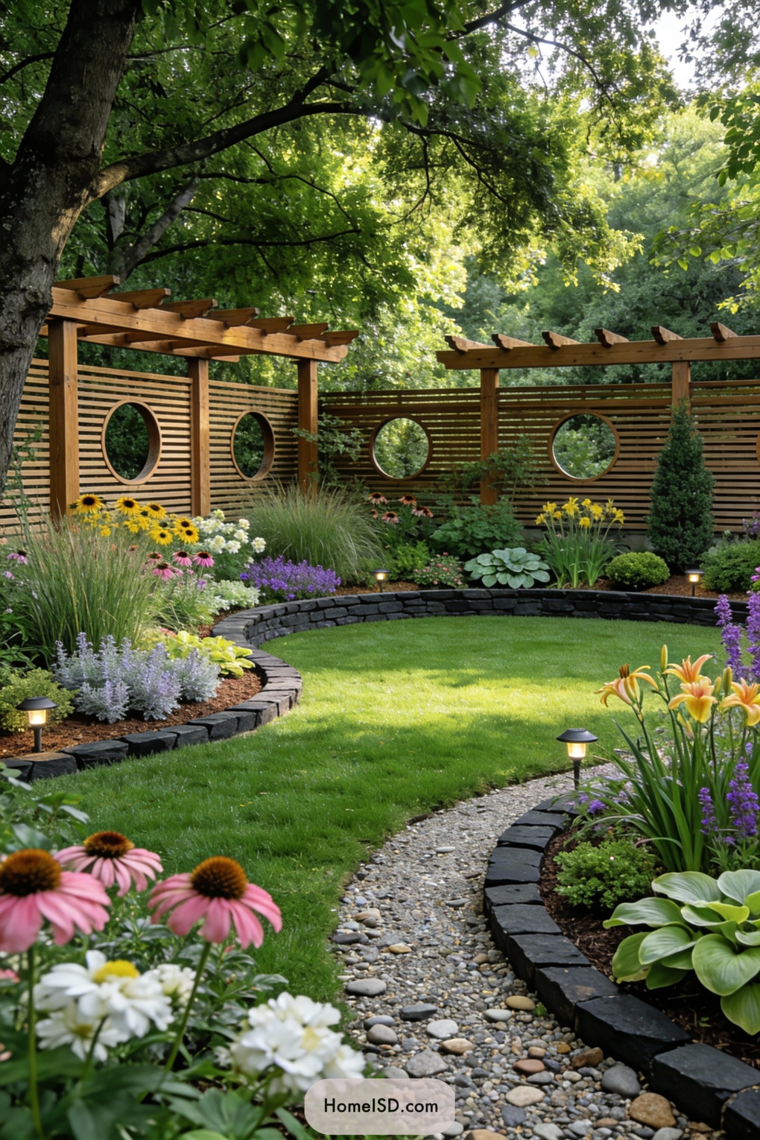 Curved lawn with pebble path, flowering beds, and a slatted wooden pergola screen with circular openings
