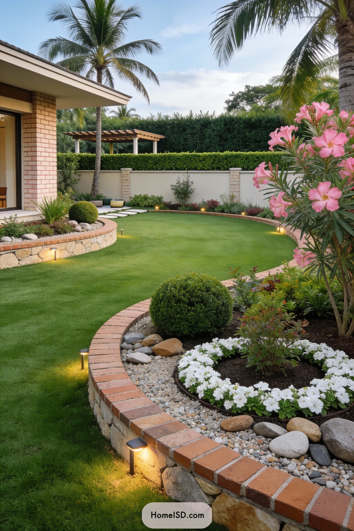 Curved brick-edged tropical lawn with accent lighting