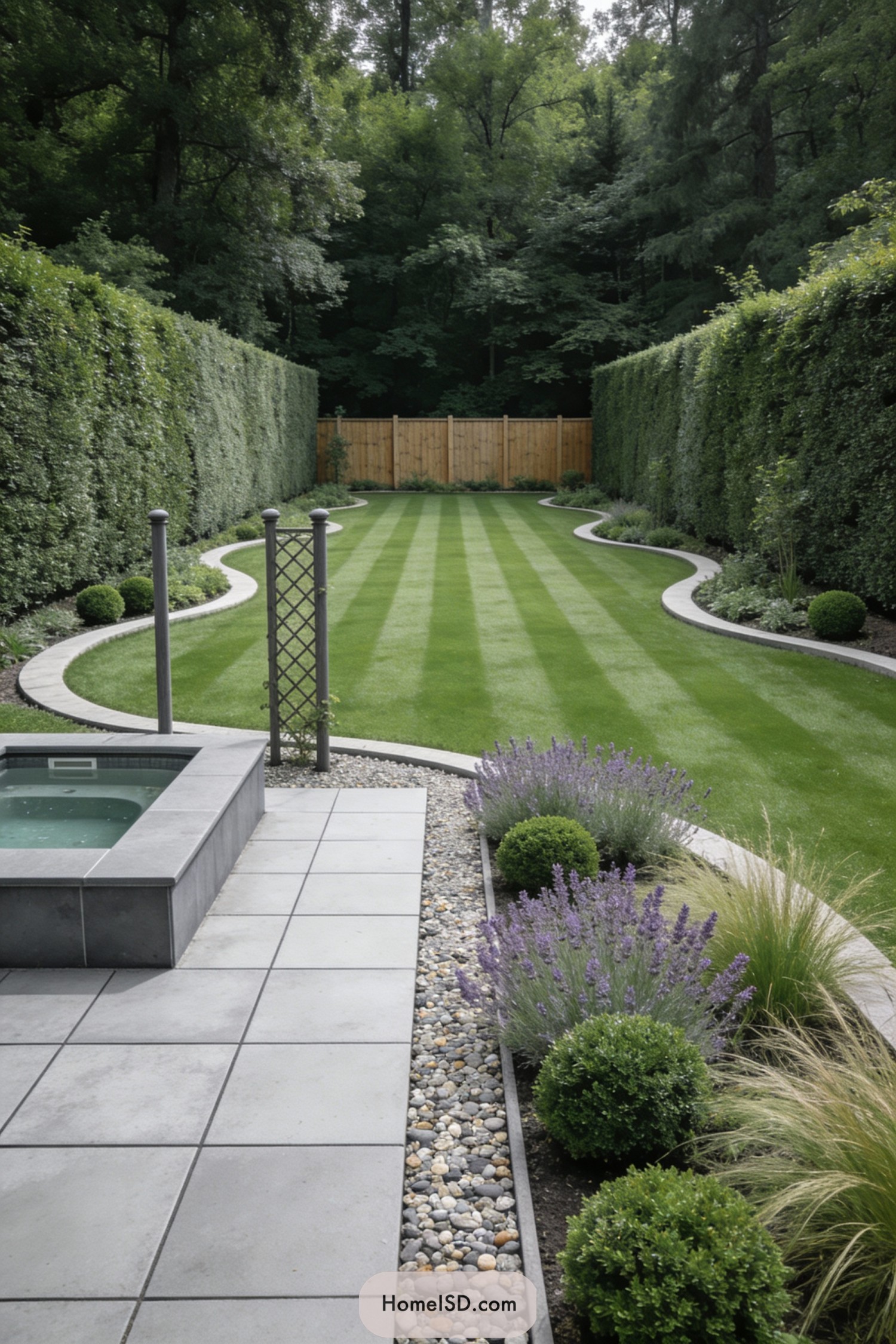 Long striped lawn framed by curving borders, tall hedges, and a modern spa patio
