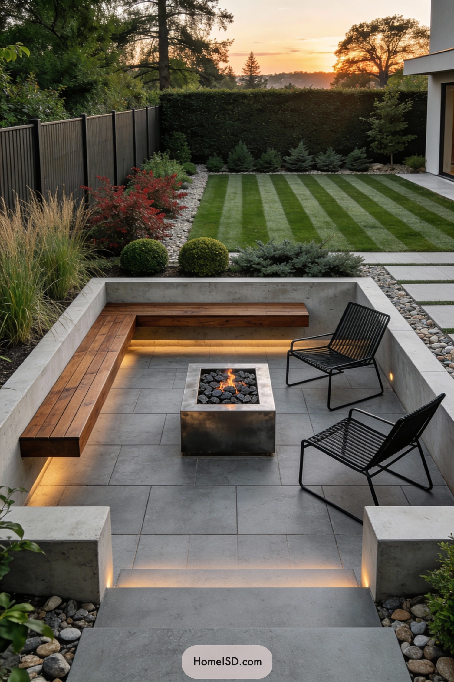 Sunken modern firepit patio beside striped lawn with clean concrete, wood, and gravel accents