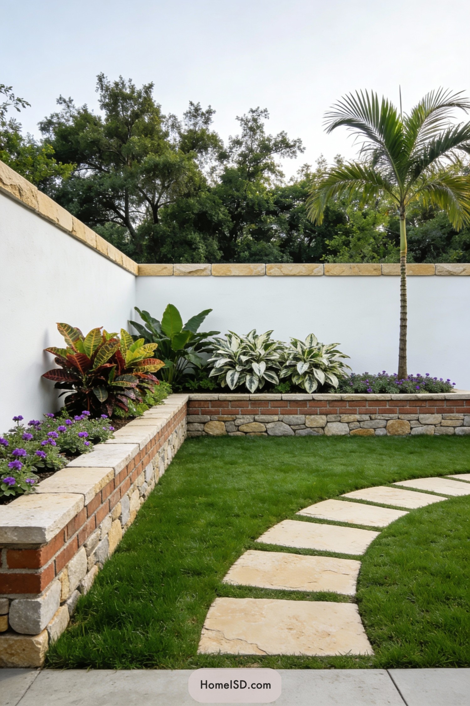 Curved stone path crossing a manicured courtyard lawn with raised brick planters and white garden walls