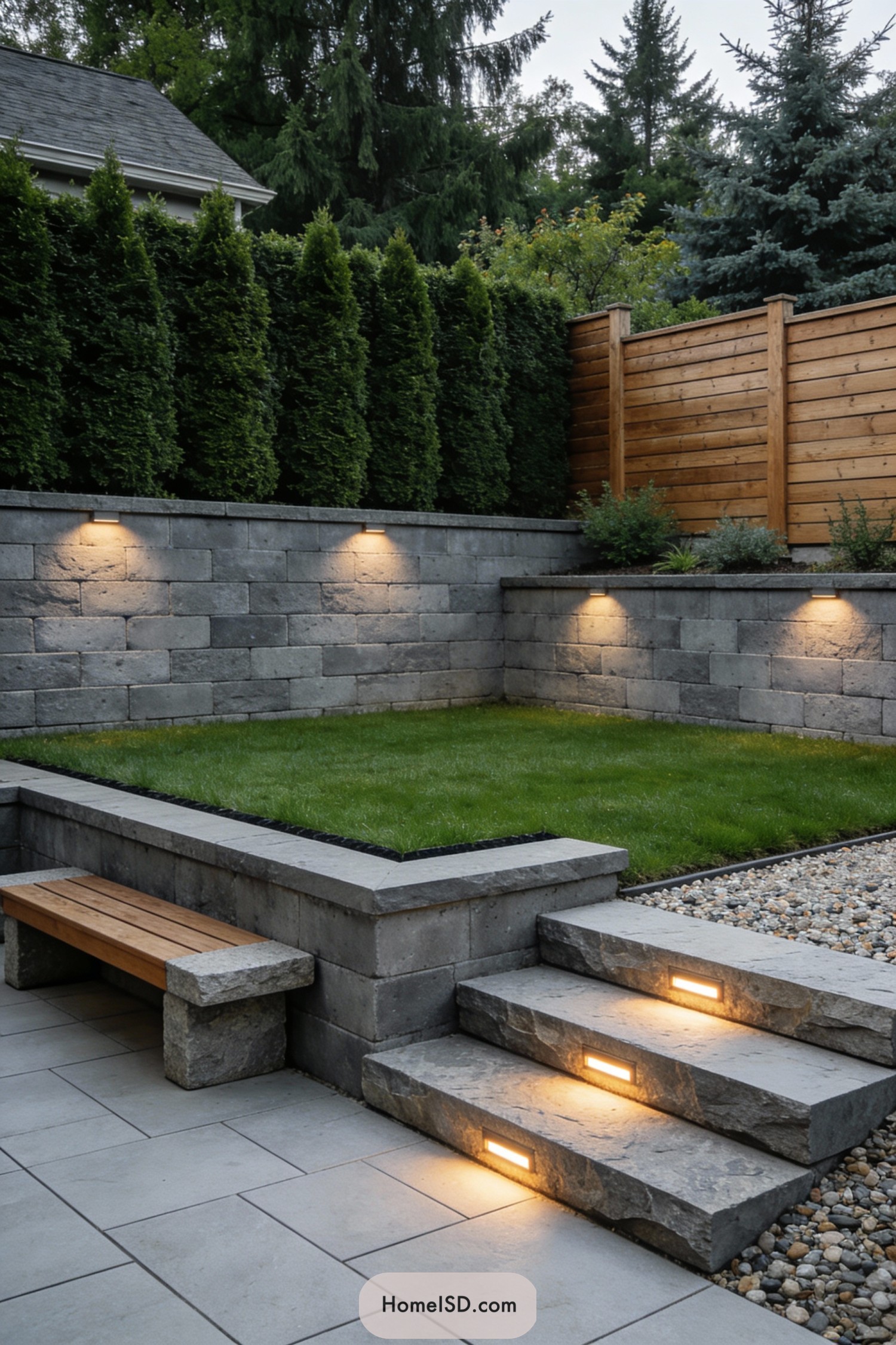 Small terraced lawn with stone retaining walls, built-in bench, and illuminated steps