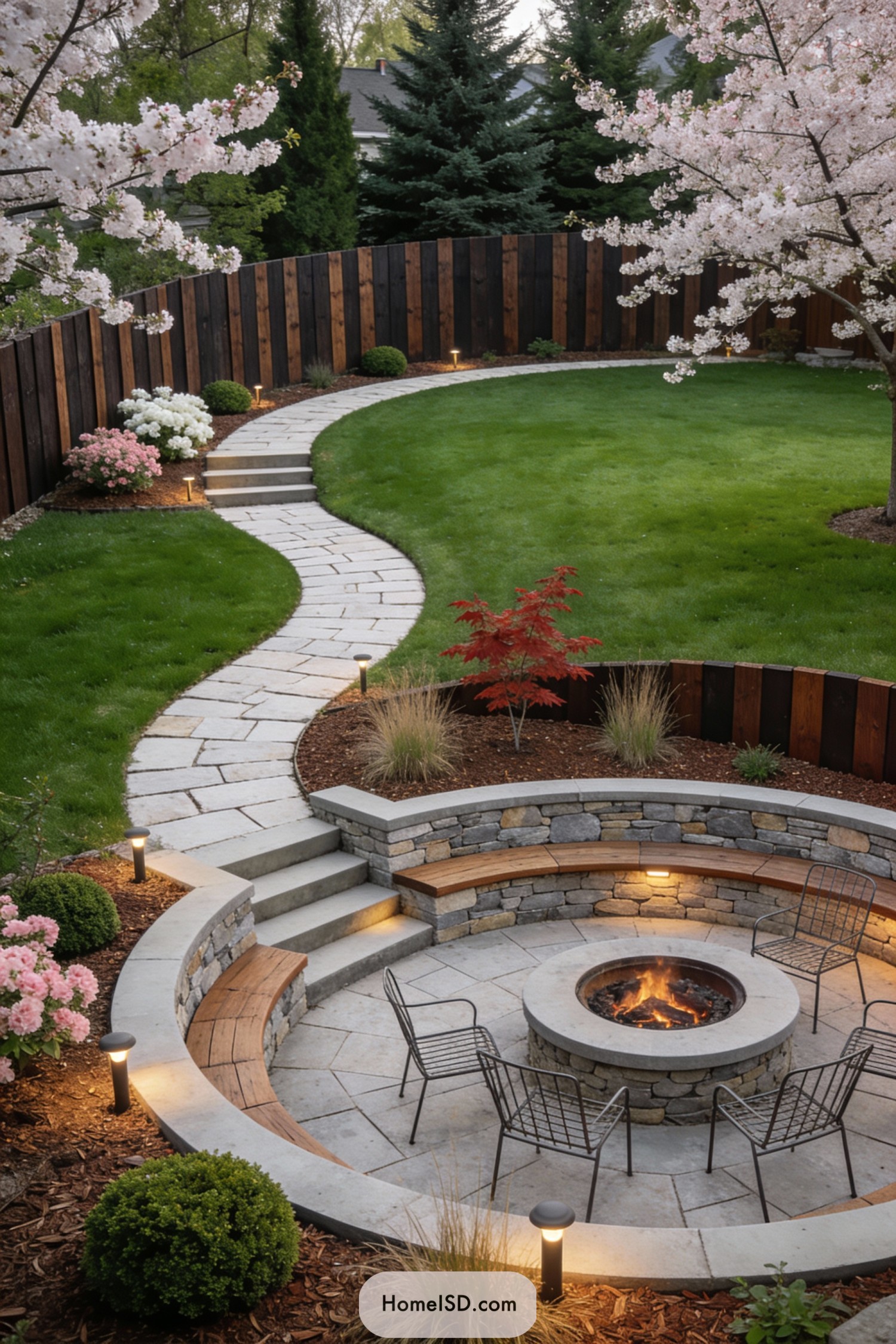 Curved sunken stone patio with firepit