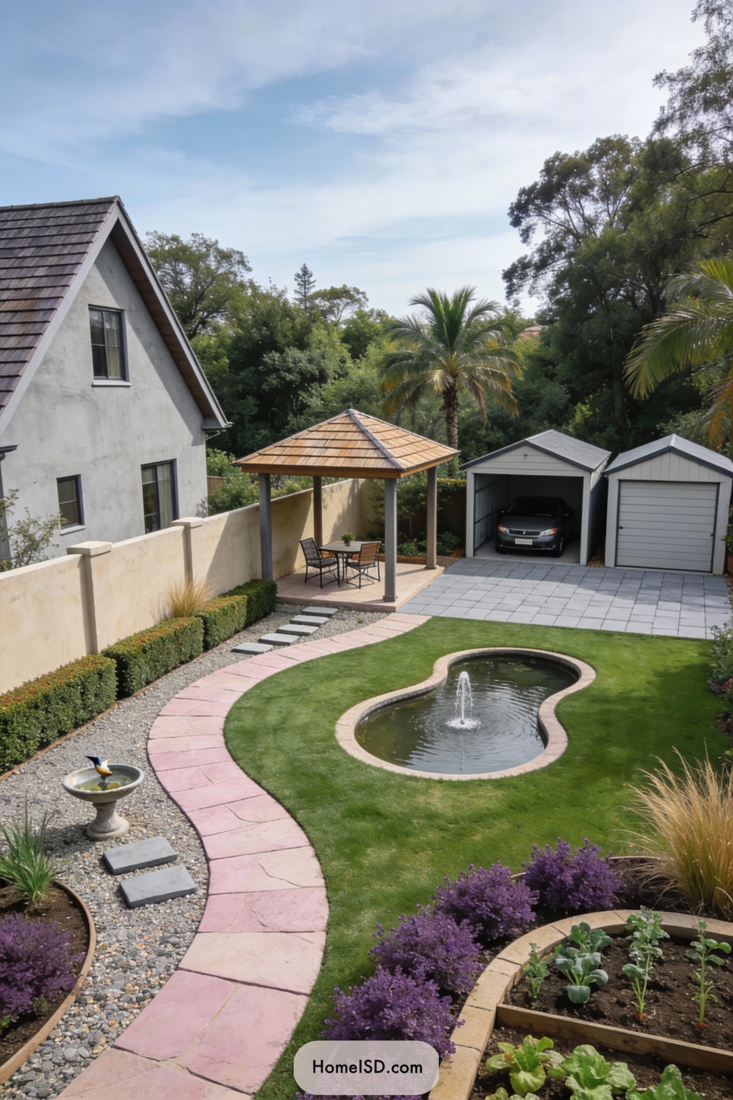 Curved backyard lawn with fountain pond bordered by pink stone path, gazebo, and surrounding garden beds