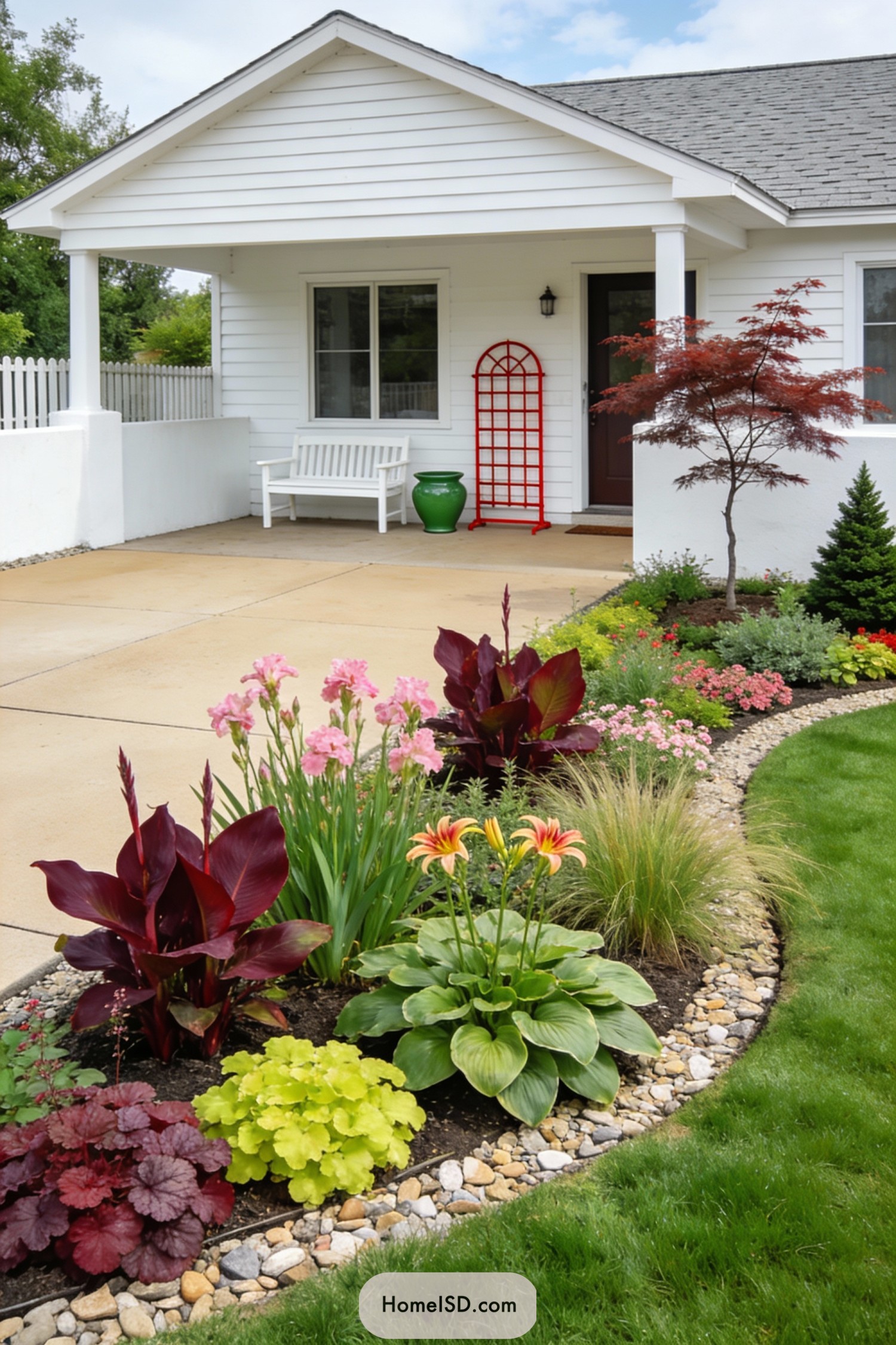 Front yard with curved flower bed and lawn
