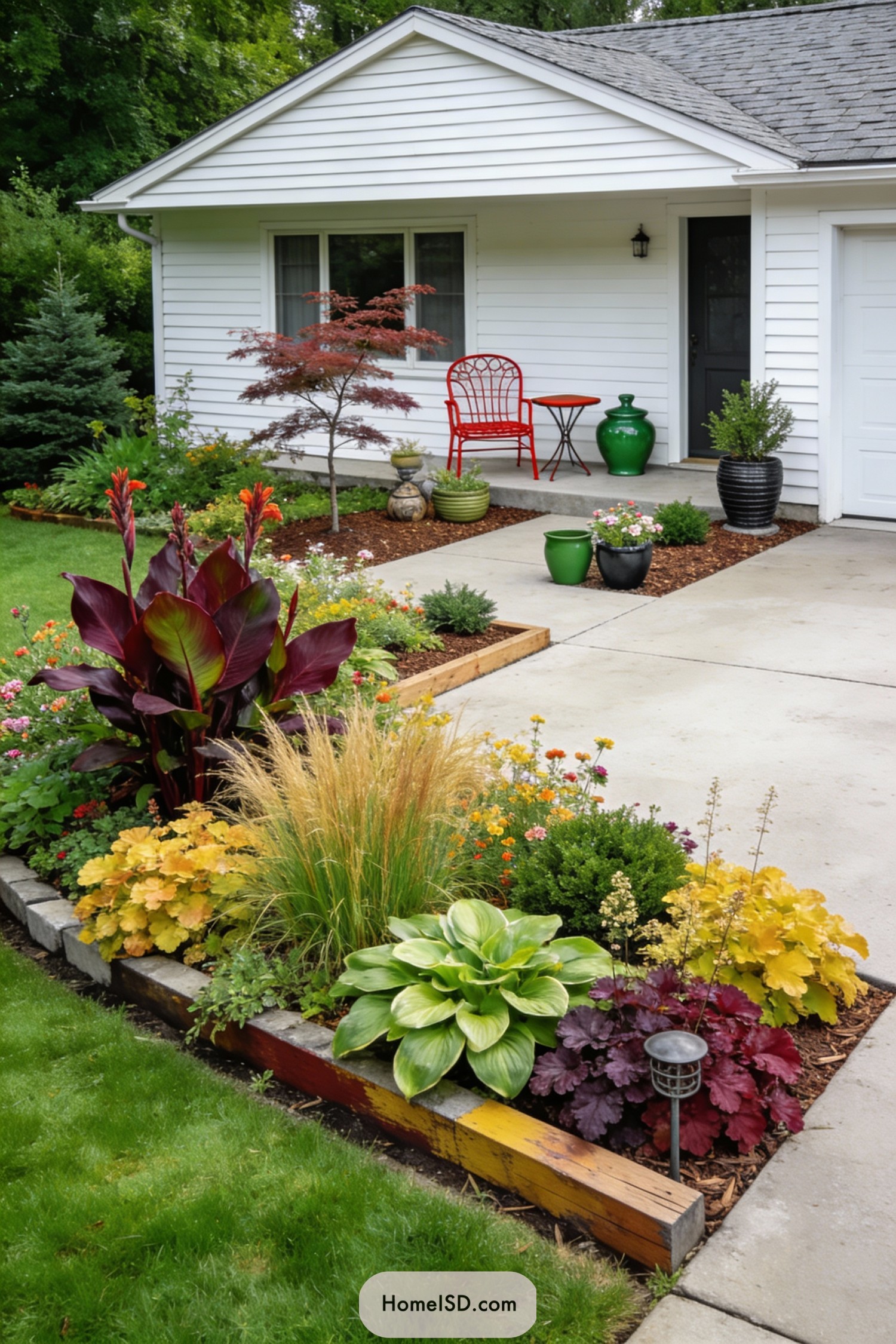Colorful front yard garden beside driveway