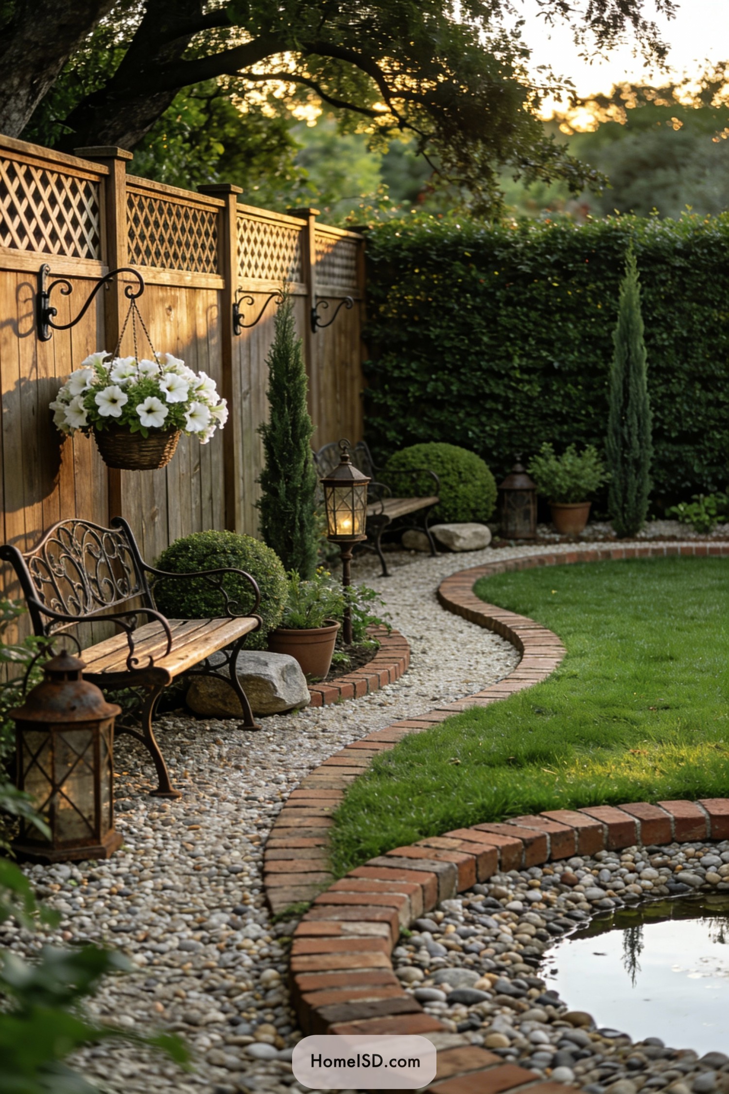 Curved brick-edged lawn with pebble path, iron benches, potted shrubs, and lanterns along a wooden fence at sunset
