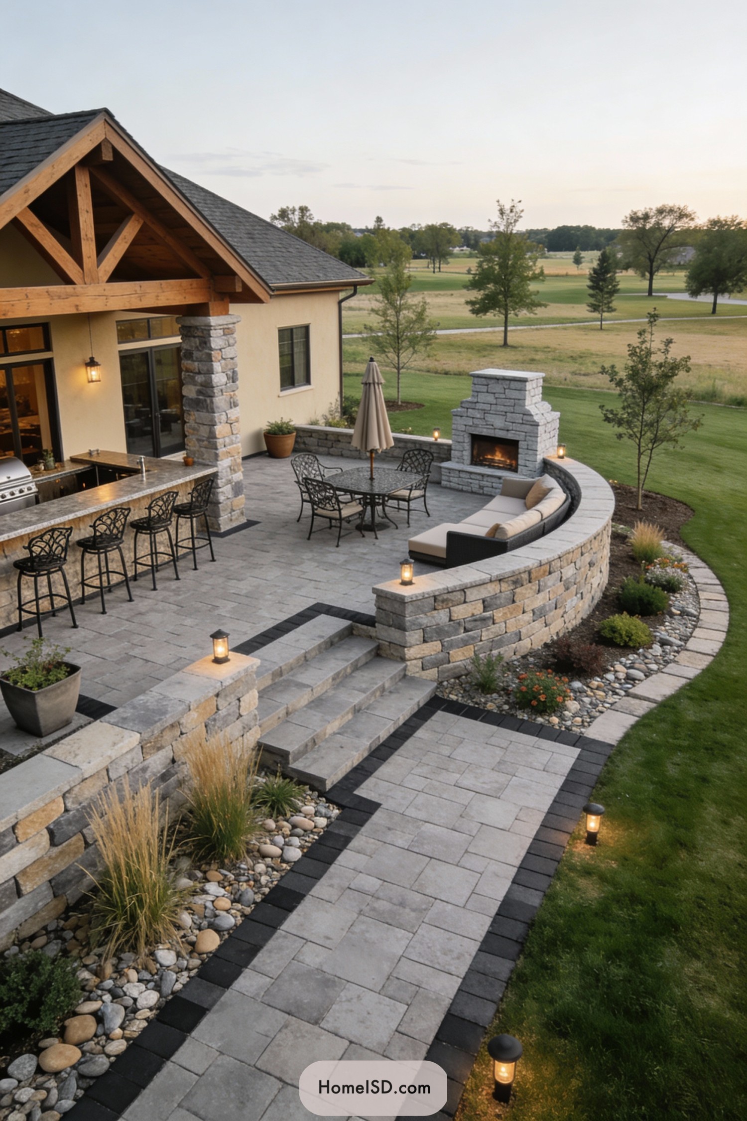Stone patio with curved fireplace terrace