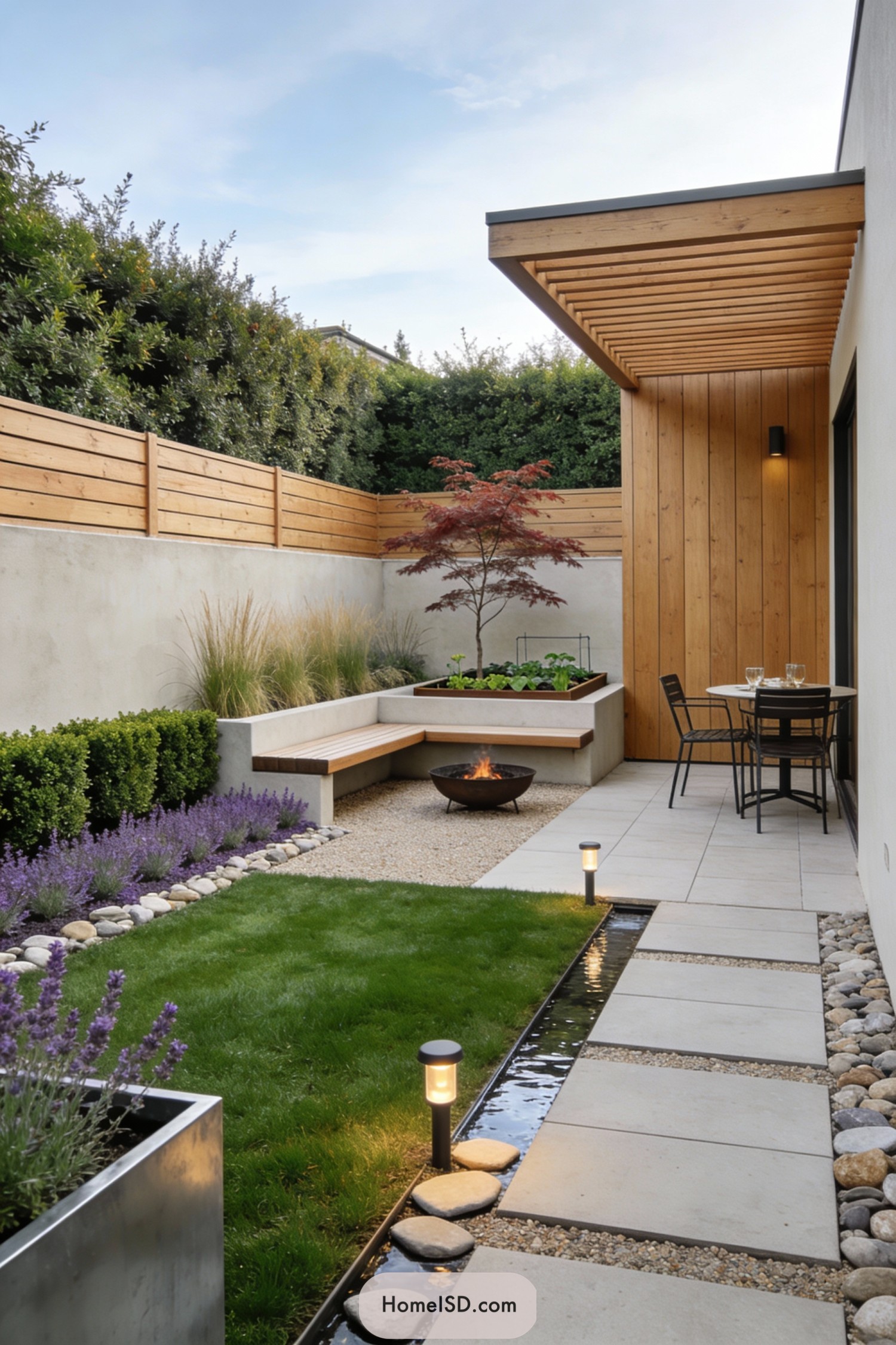 Modern courtyard lawn with stepping stones beside a narrow water feature, built-in bench, and compact fire pit