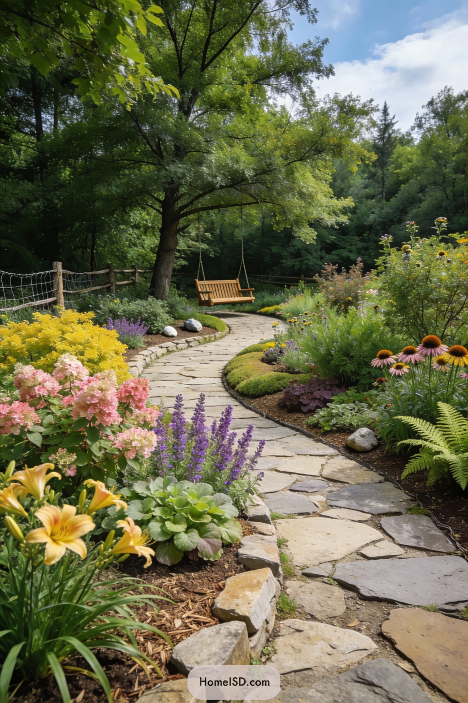 Curving stone path bordered by colorful flowers leading to a wooden swing under a large tree
