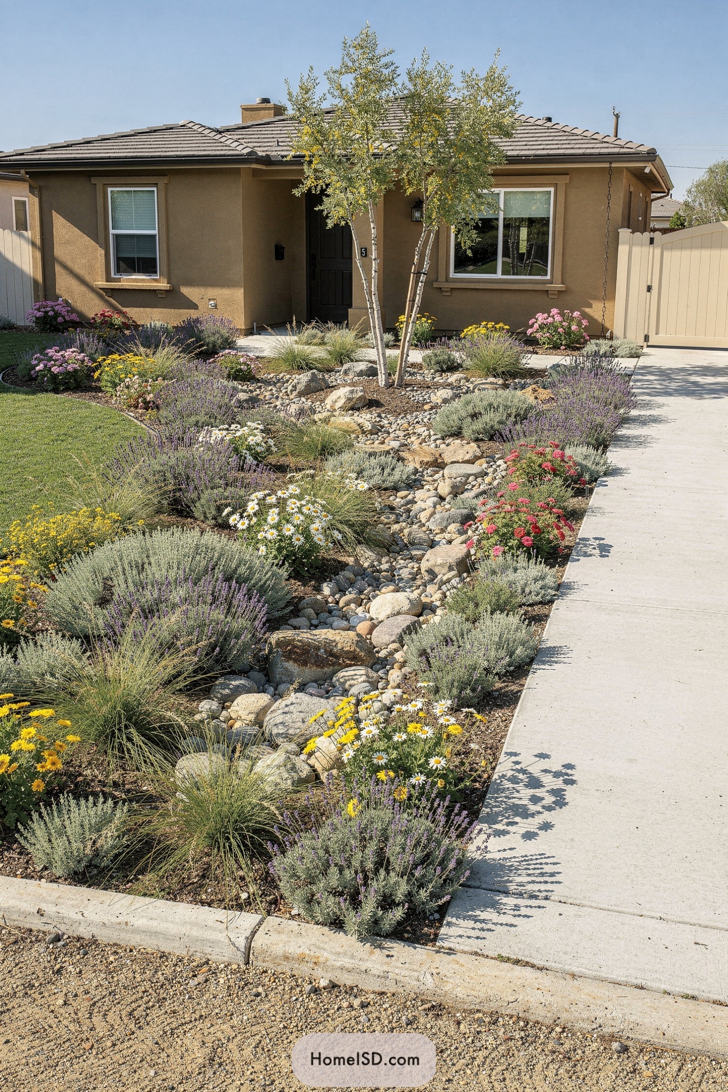 Tan stucco house with a dry creek bed flanked by colorful drought tolerant Mediterranean plantings along the front walkway