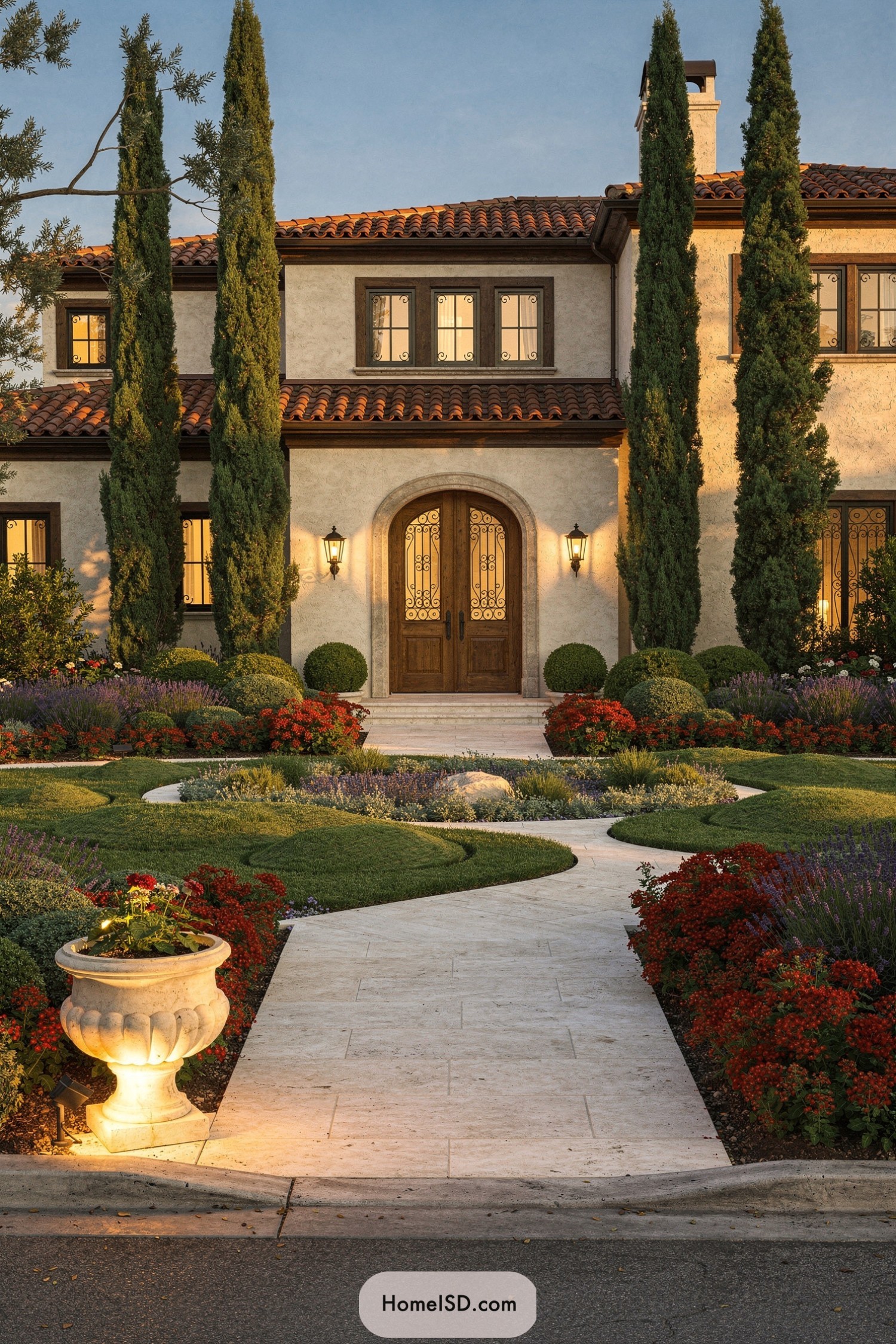 Mediterranean villa with lit curved walkway and tall cypress trees