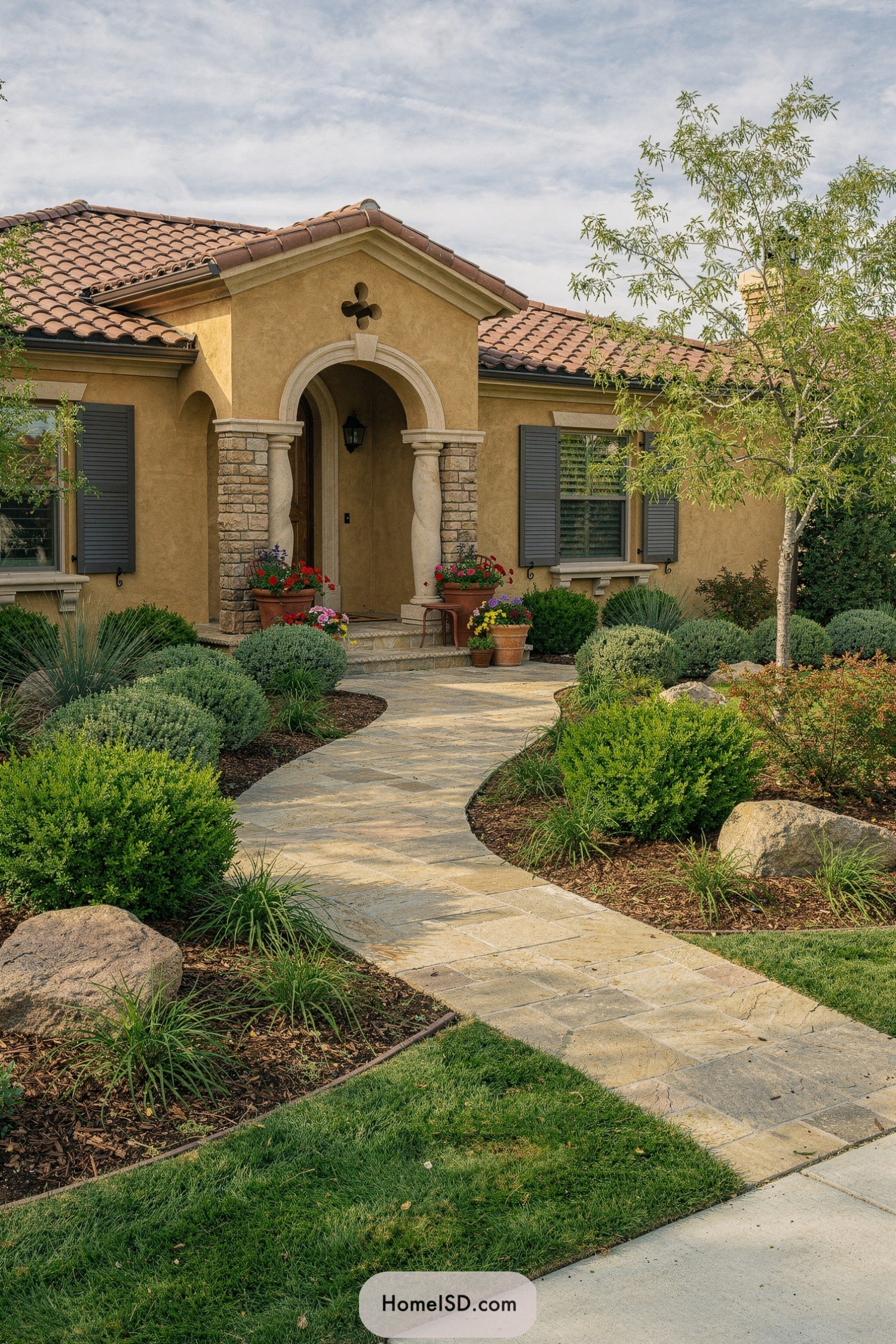 Curving flagstone walkway leading to a Mediterranean-style stucco entry with potted flowers and manicured shrubs