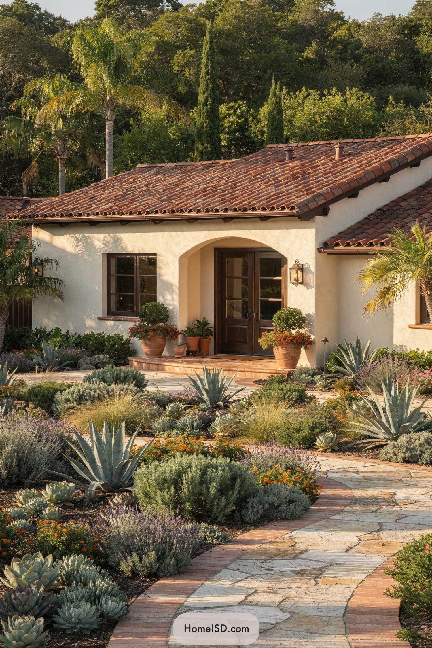 Mediterranean front yard with curved stone path and drought tolerant plants