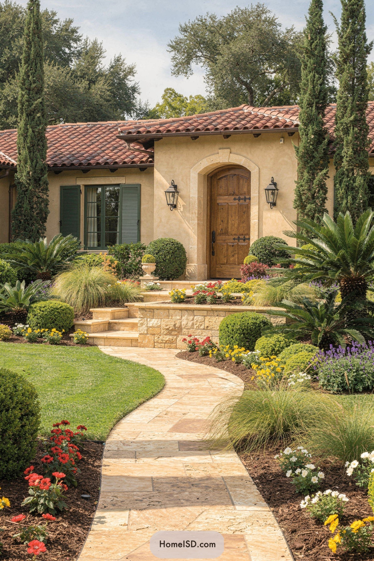 Mediterranean front yard with curving stone path and layered planting beds