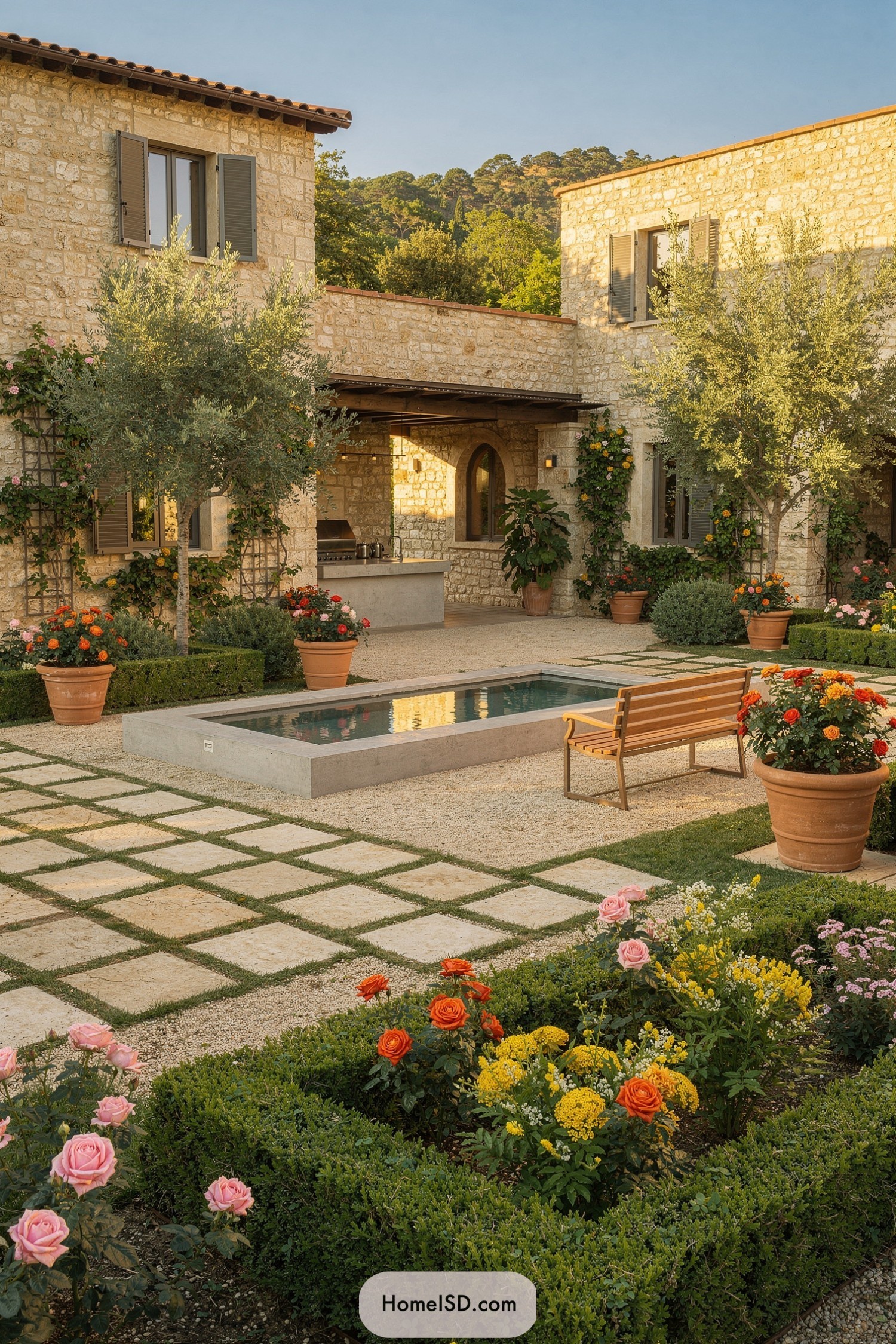Mediterranean stone courtyard with pool and roses