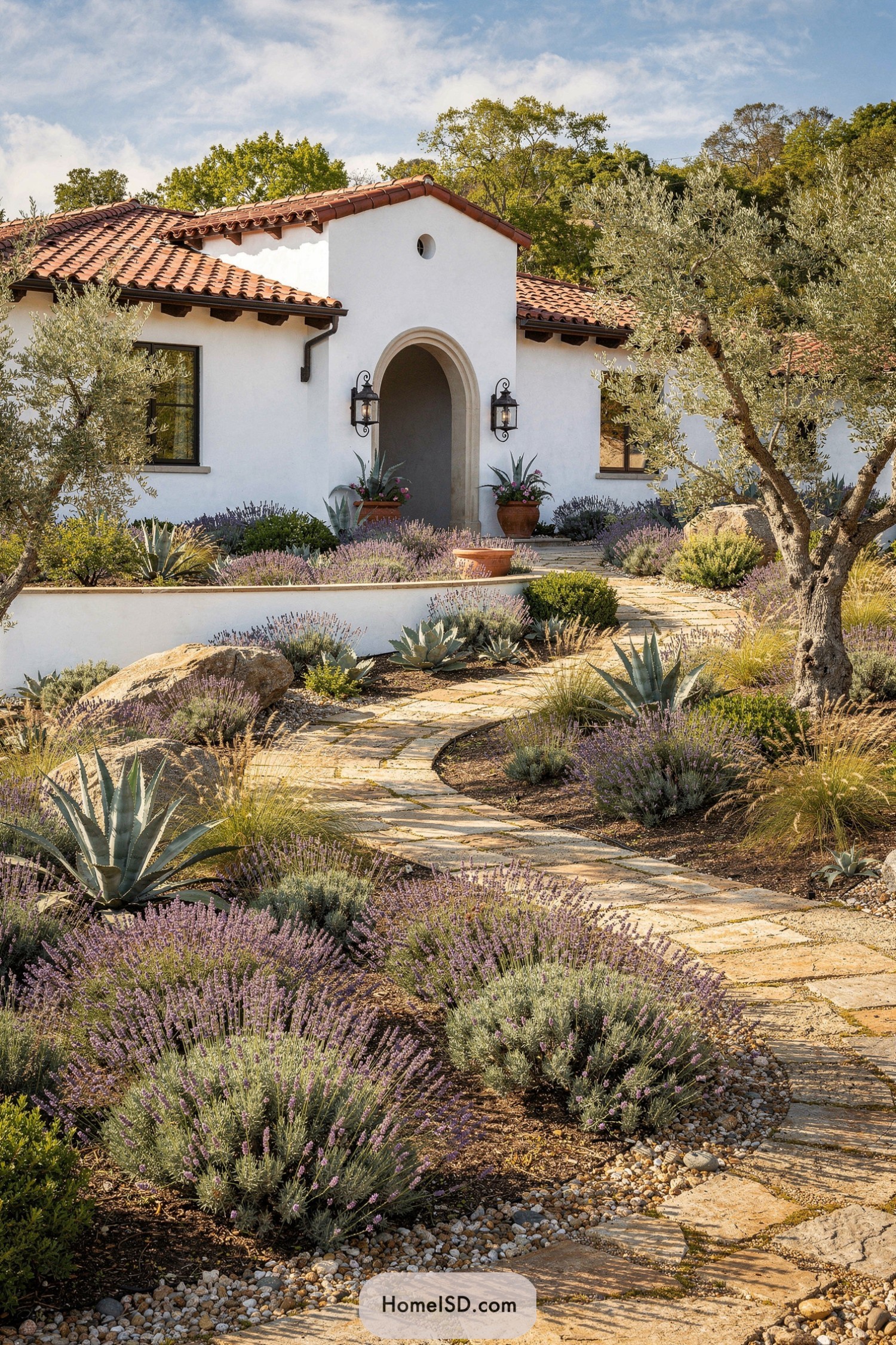 Mediterranean style front yard with curving stone path, lavender mounds, agaves, and olive trees leading to a white stucco house