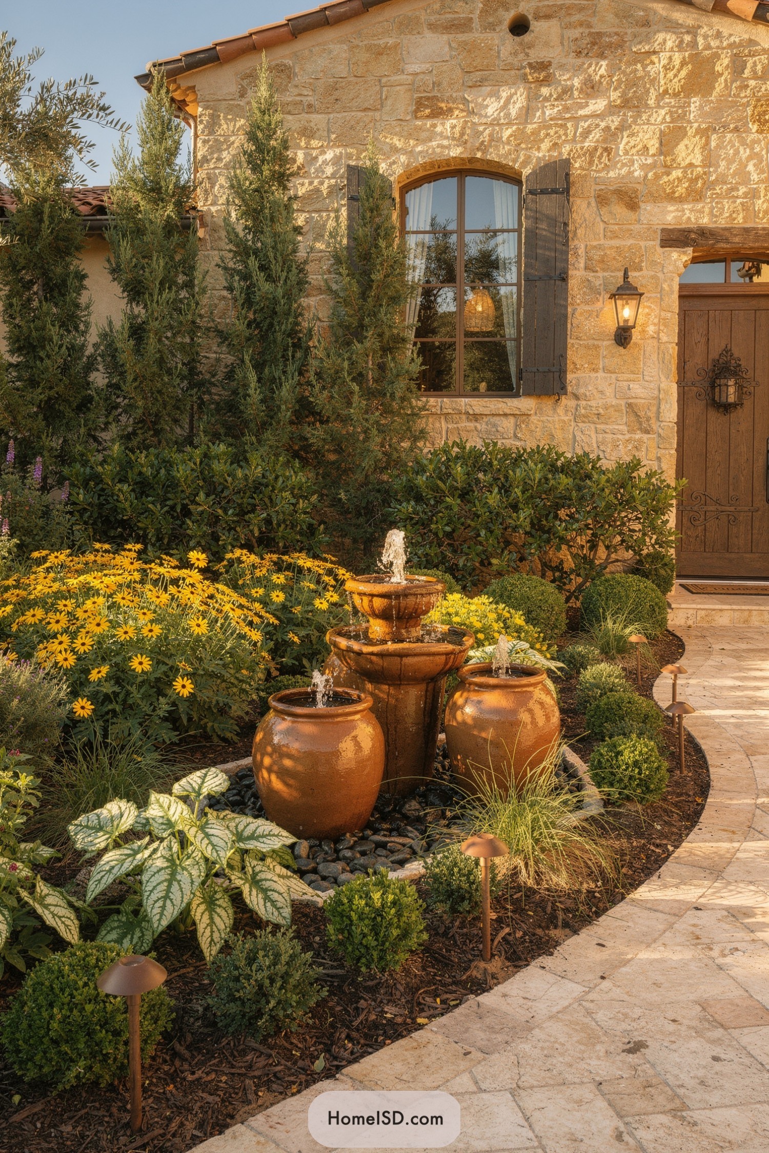 Mediterranean stone entry with terracotta urn fountain and lush planting