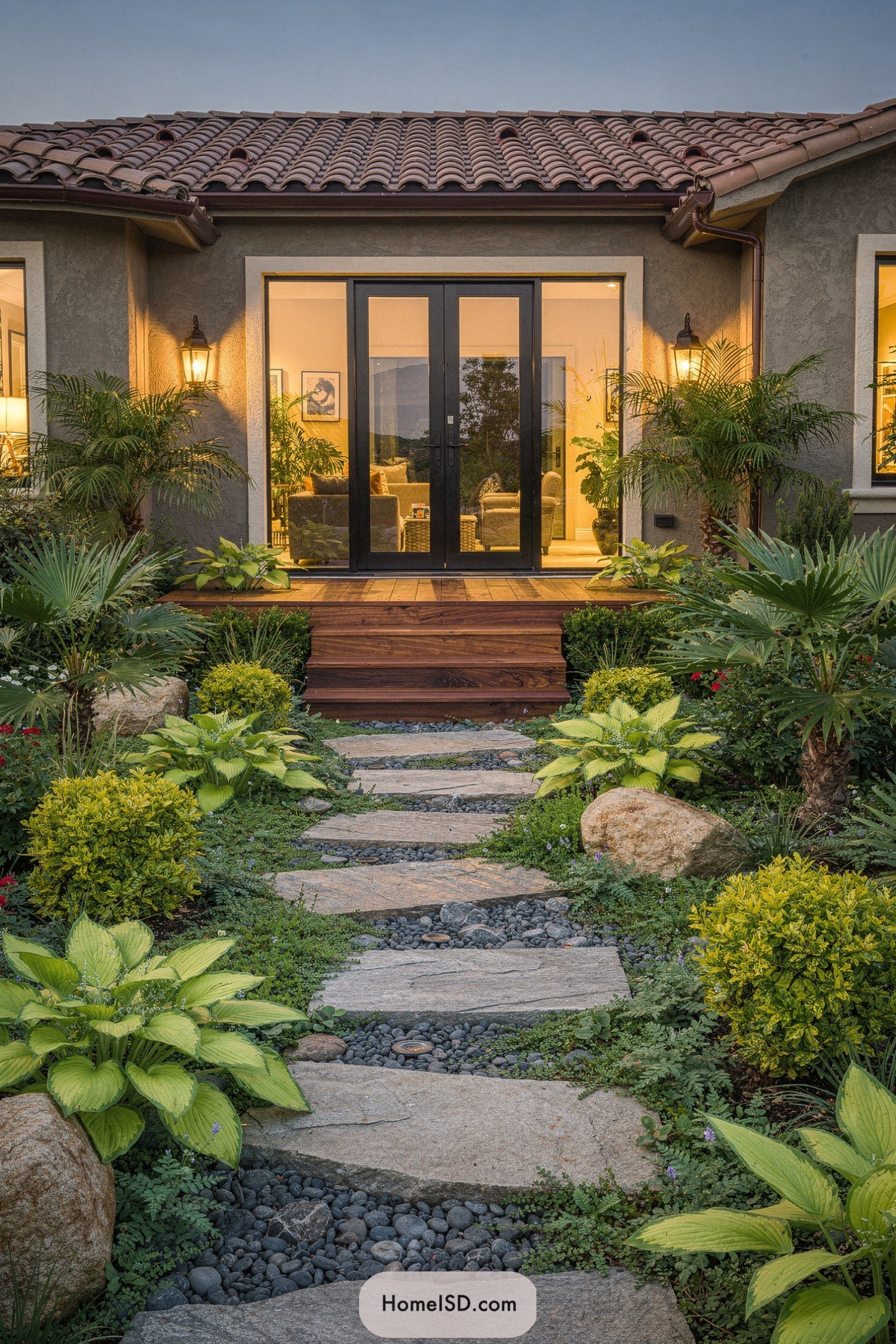 Stone stepping path through lush Mediterranean garden leading to wood porch and glass double doors at dusk