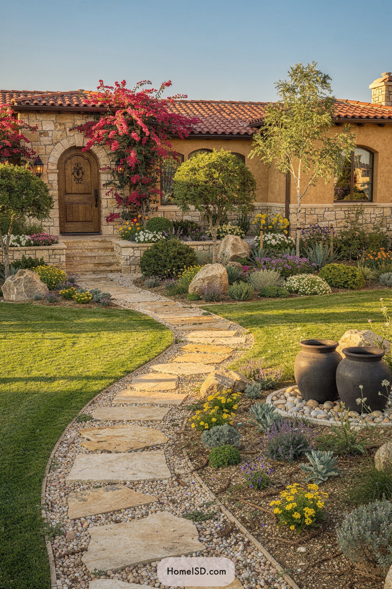 Curved flagstone path through Mediterranean front yard with bougainvillea, sculpted shrubs, and three dark urns set in a pebble bed