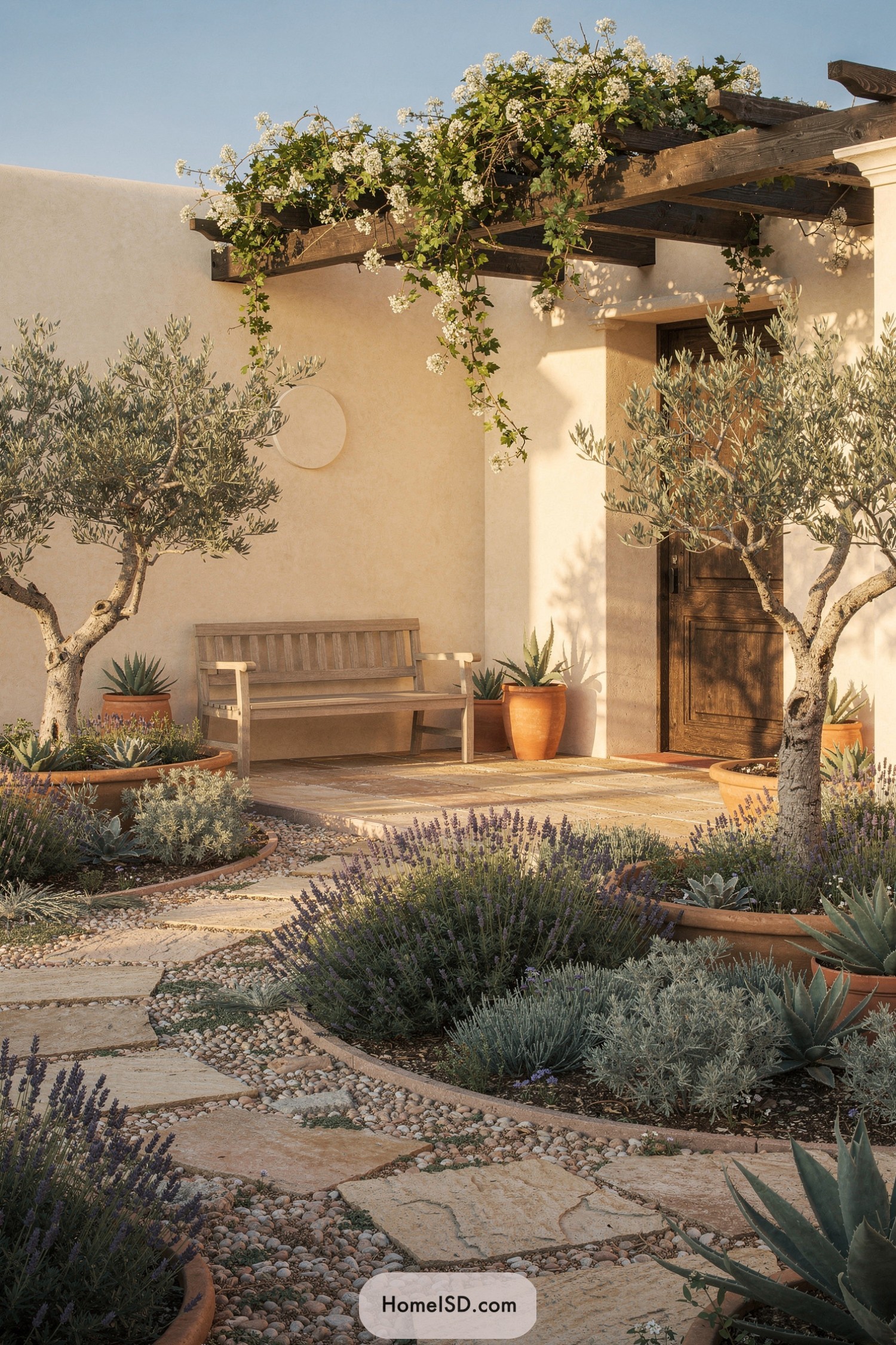 Mediterranean courtyard with olive trees, lavender beds, and a vine covered pergola over a wooden bench