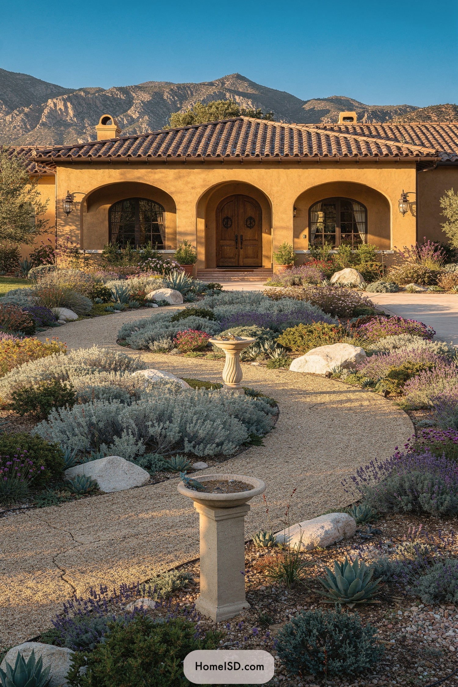 Curved gravel path through Mediterranean drought-tolerant front yard leading to stucco villa