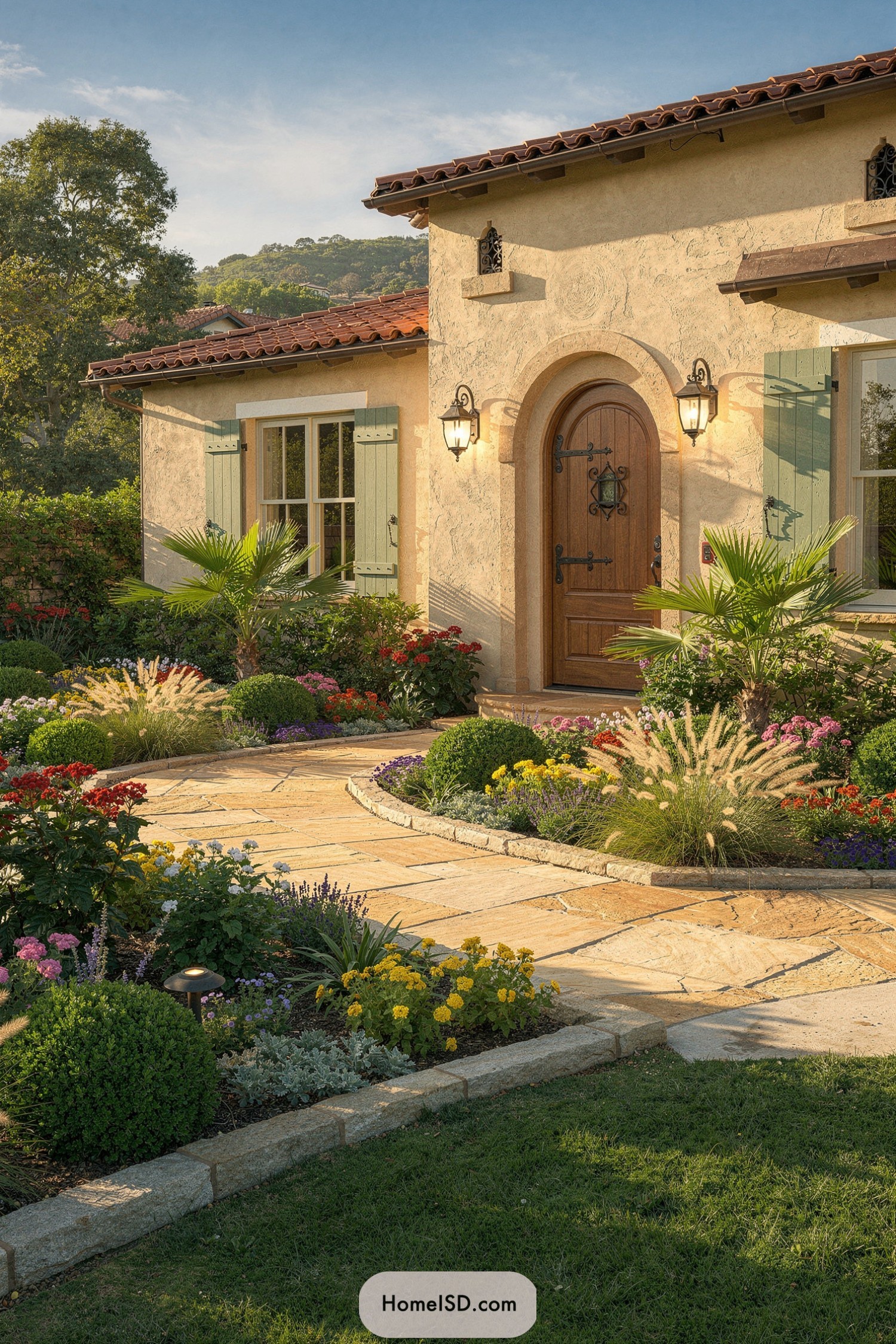 Mediterranean cottage with curving stone path and colorful front garden