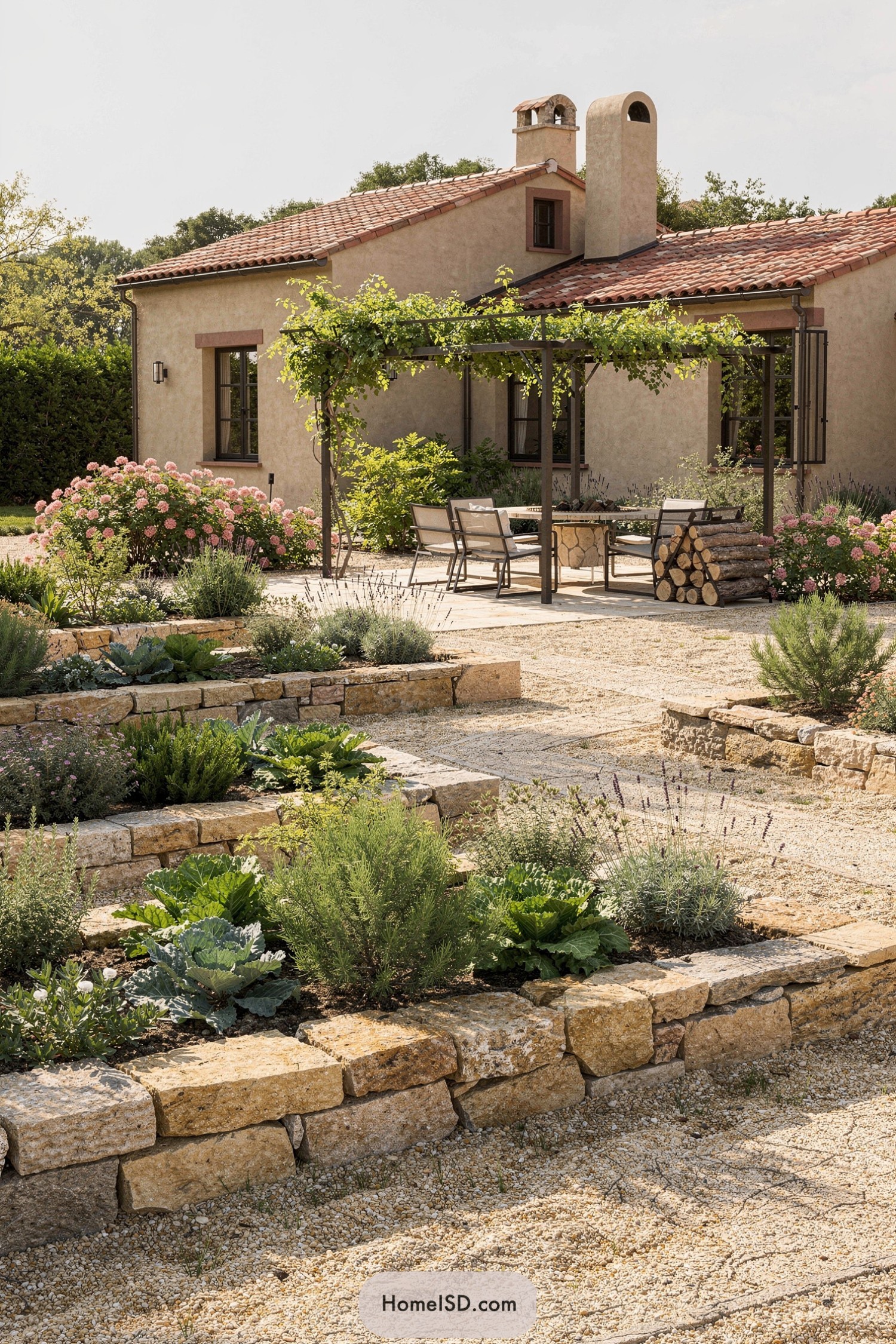Mediterranean stucco home with gravel courtyard garden and vine-covered pergola seating area