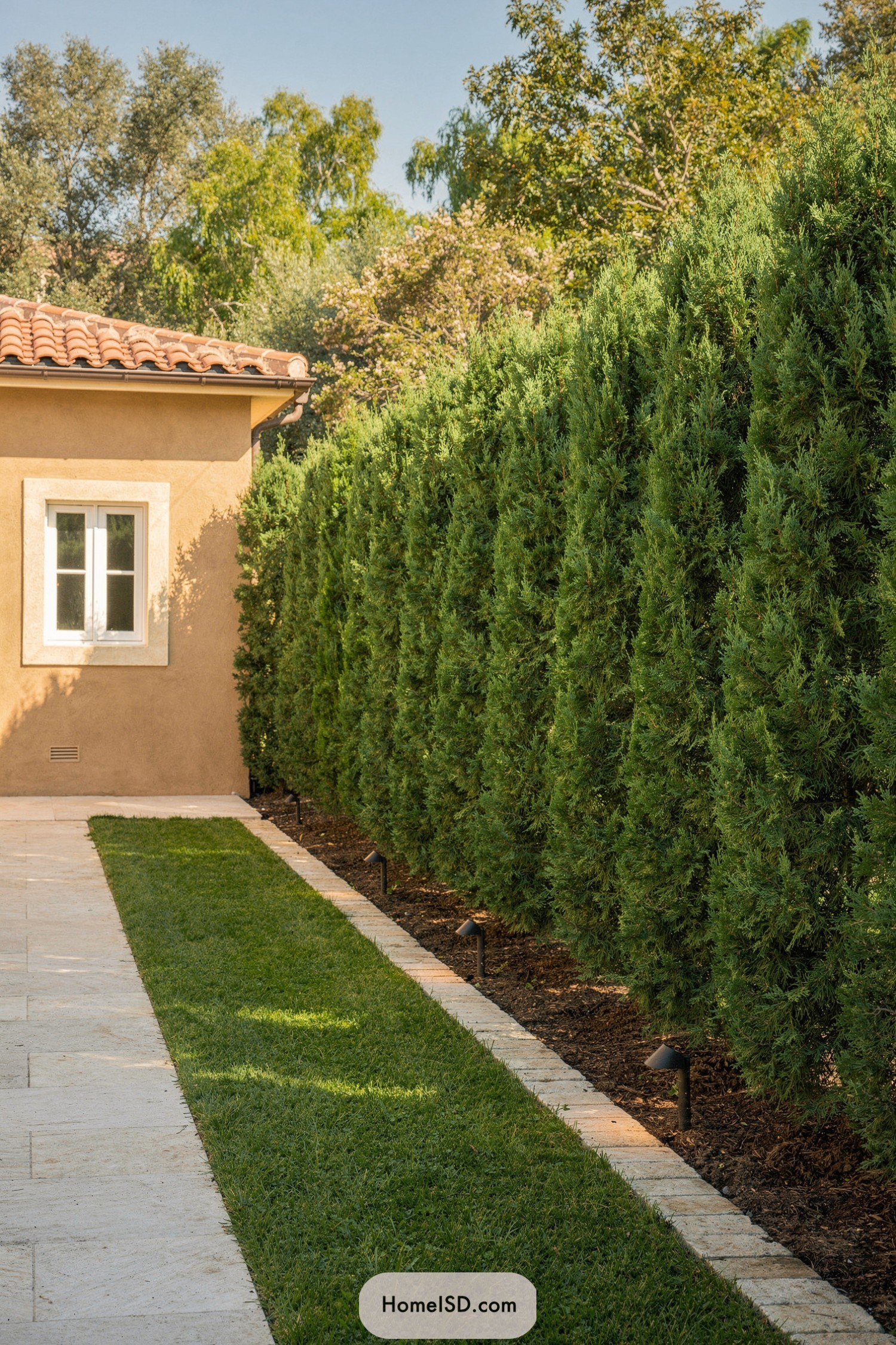 Tall cypress hedge lining a narrow lawn beside a Mediterranean-style house
