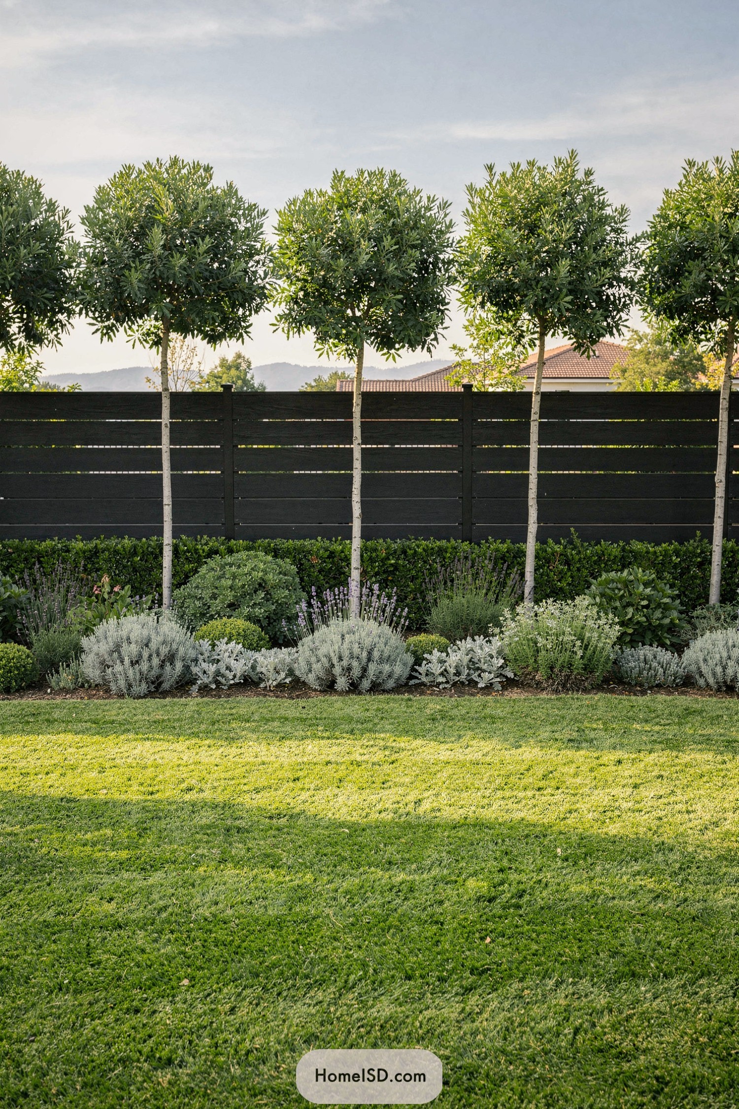 Row of tall pruned trees and layered Mediterranean shrubs in front of a dark horizontal fence