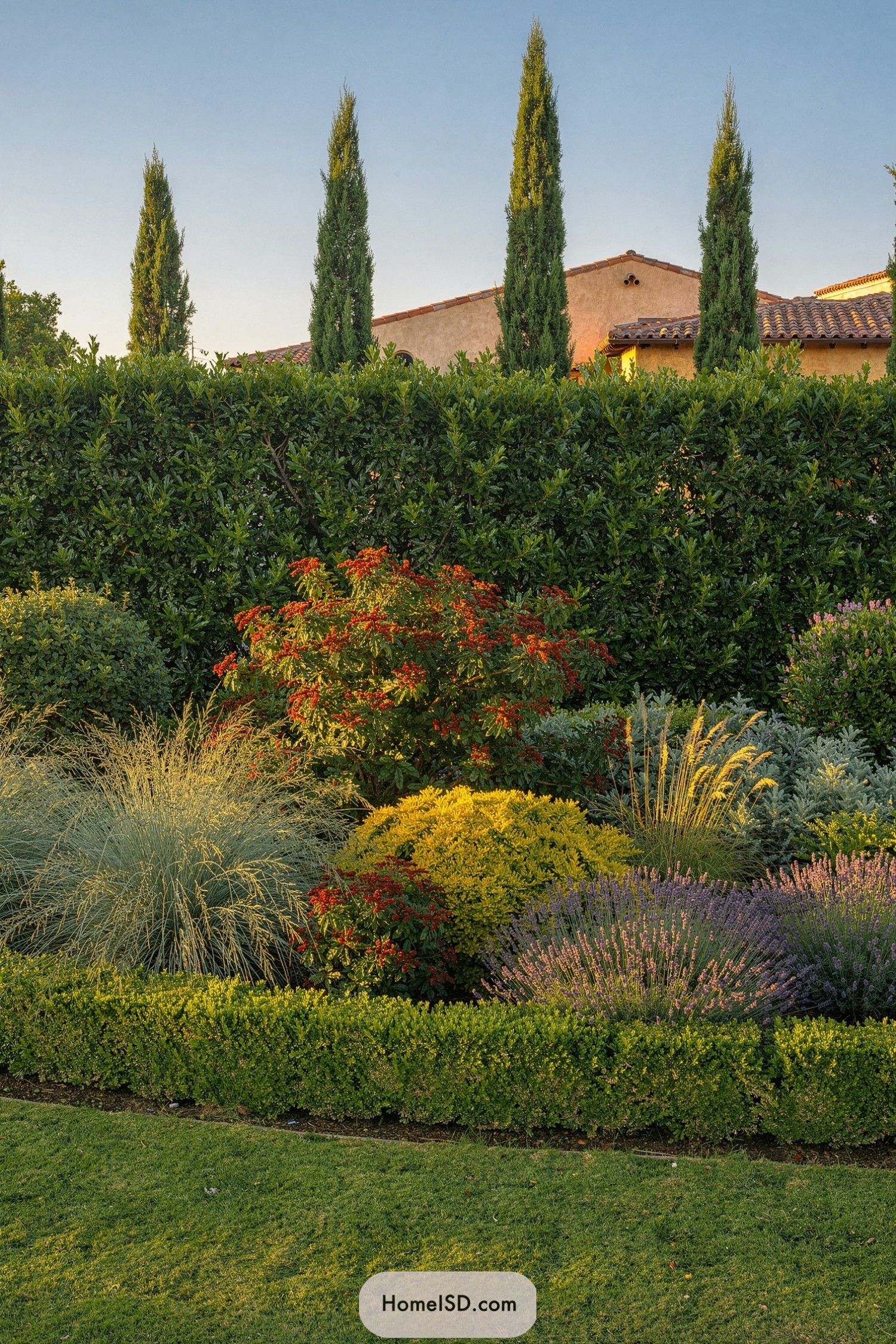 Dense Mediterranean hedge with tall cypress and mixed shrubs