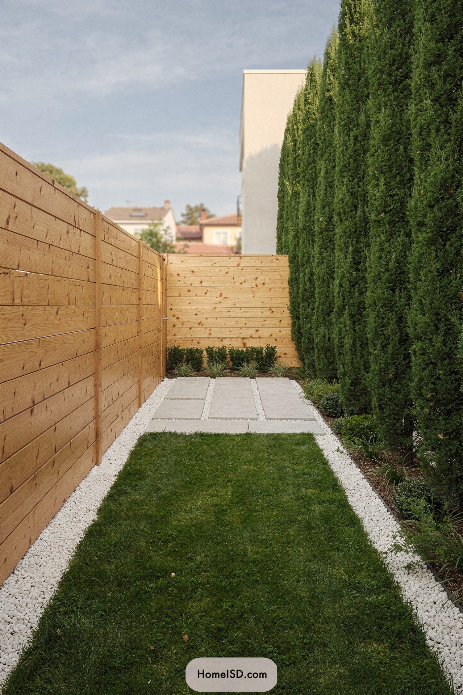 Narrow backyard with tall cypress hedge and wood fence