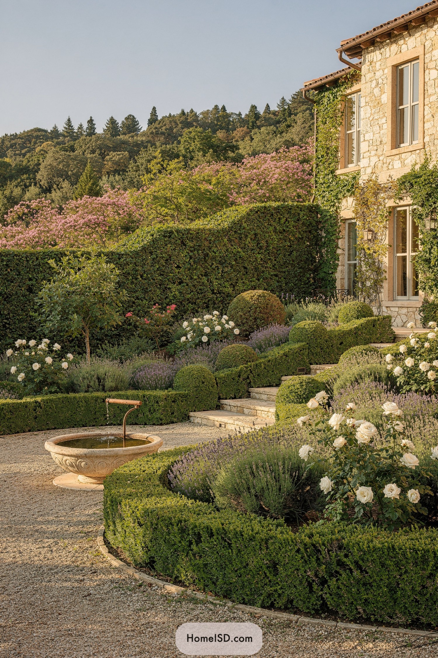 Mediterranean stone villa framed by sculpted hedges and blooming shrubs