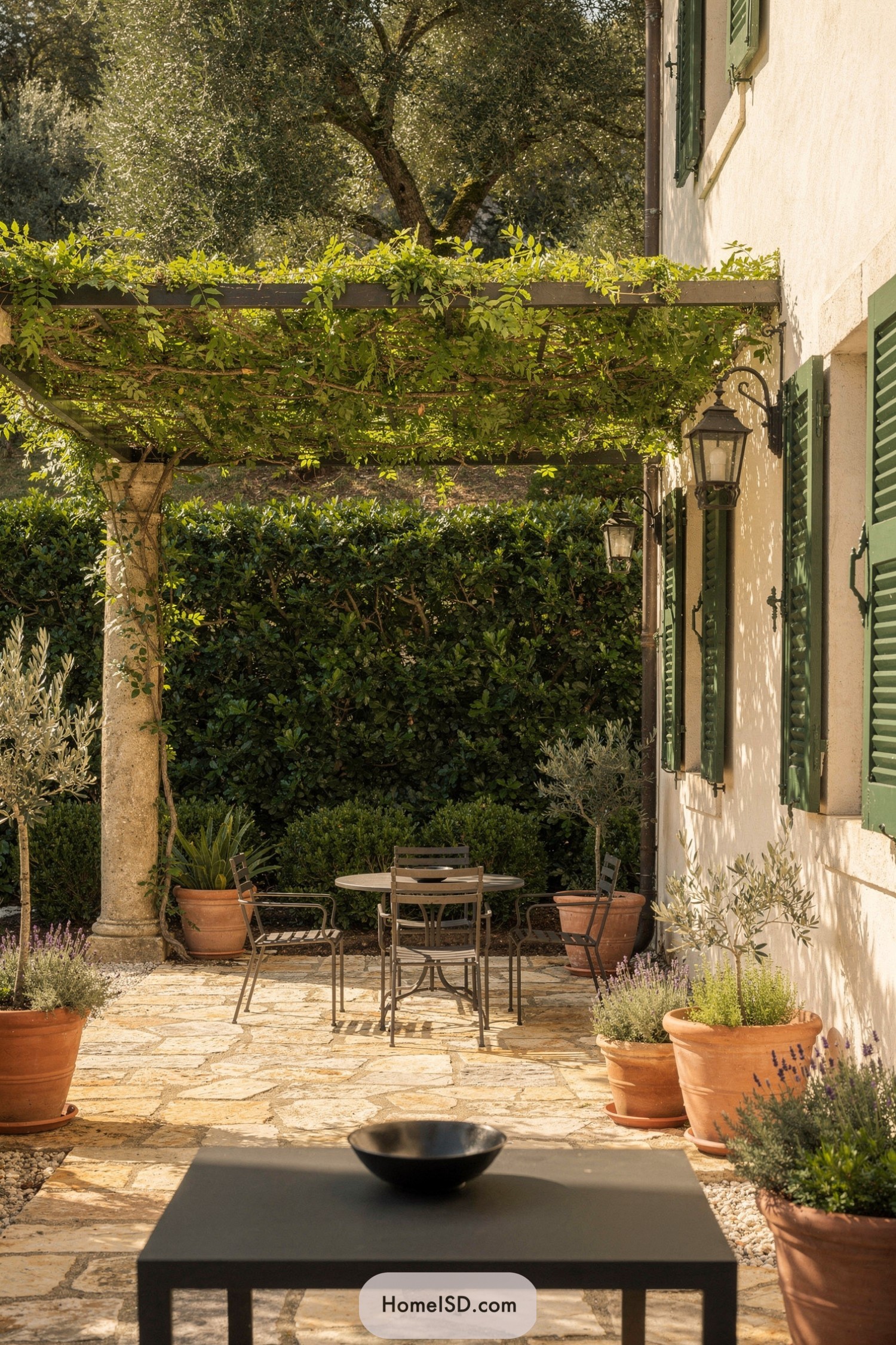 Mediterranean stone patio with vine-covered pergola and tall hedge