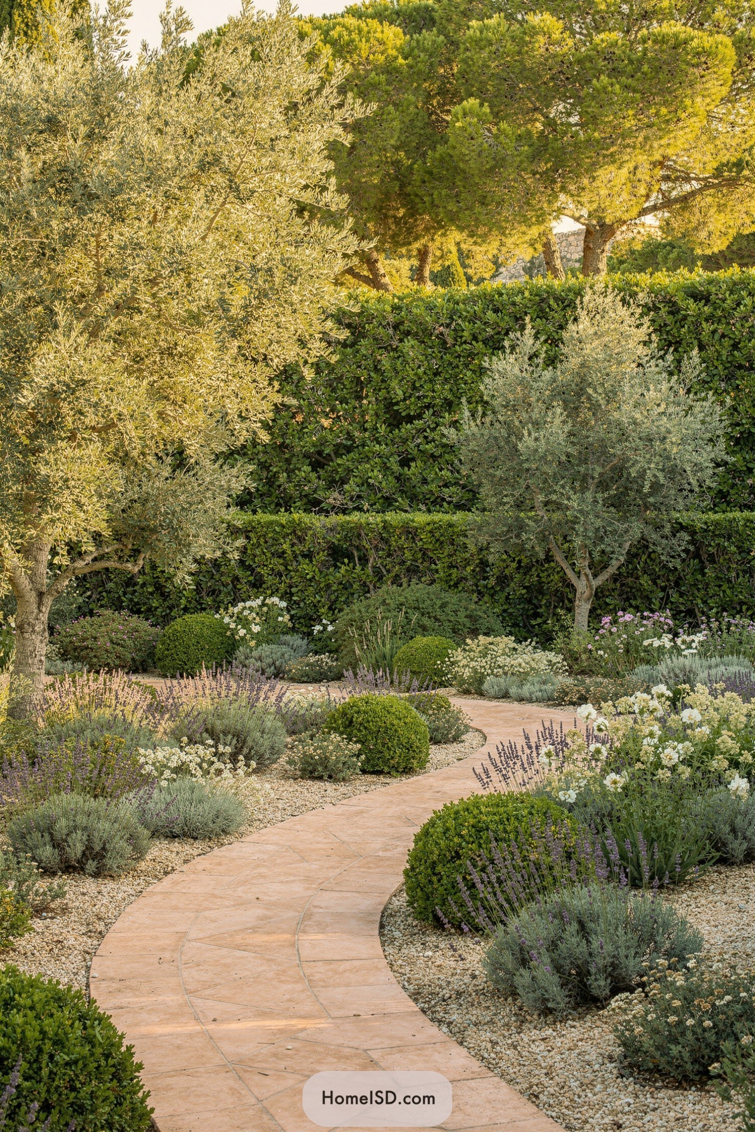 Curving stone path winds through Mediterranean plantings bordered by dense green privacy hedges and olive trees